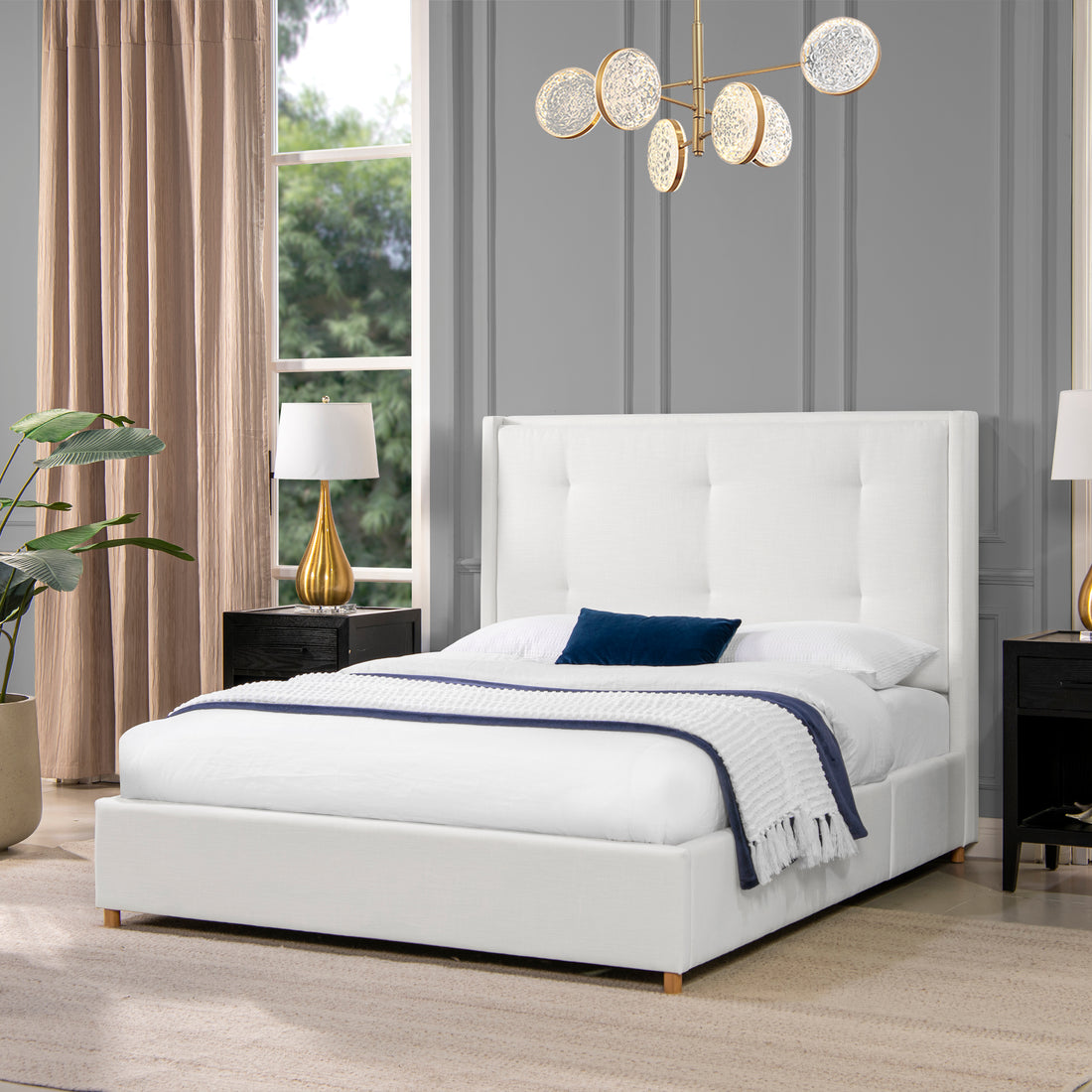 Miramar Queen Cushion Back Headboard Platform Bed Frame, Antique White Polyester Box Spring Not Required Queen Antique White Wood Foam Polyester Polyester
