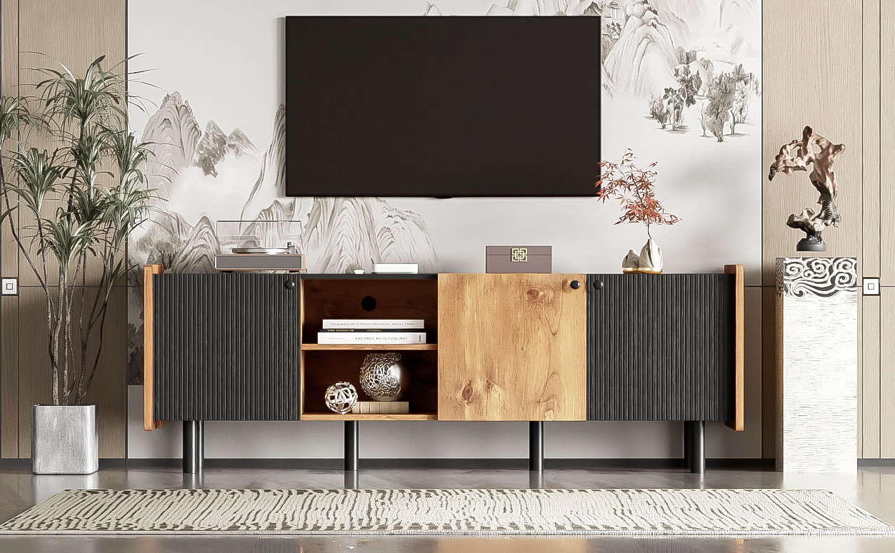 Mid Century Tv Stand With 3 Cabinets, Media Console Table For Tvs Up To 70'', Entertainment Center With Storage For Living Room, Bedroom, Home Theatre Black Brown Primary Living Space 60 69 Inches