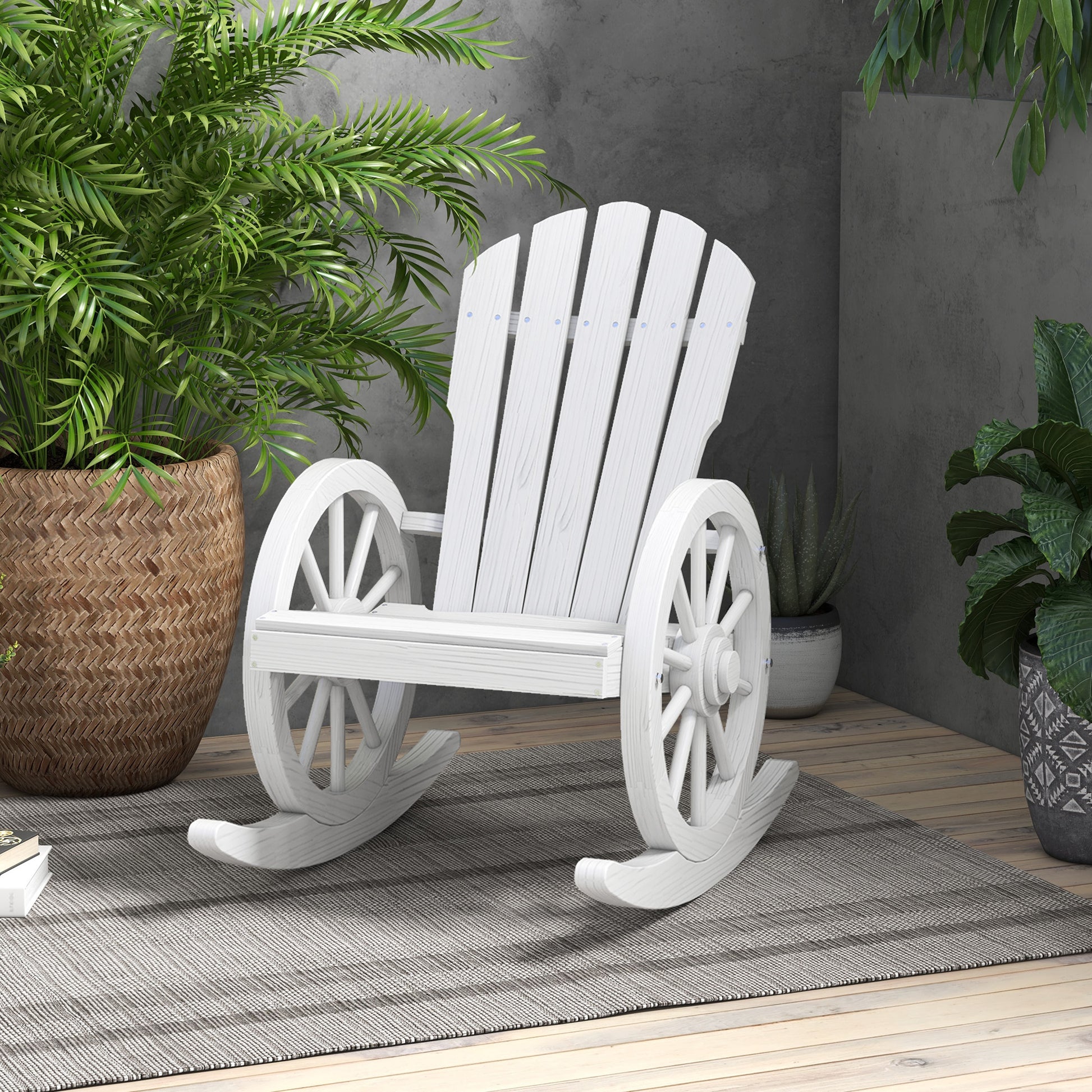 Outsunny Wooden Rocking Chair, Adirondack Rocker Chair W Slatted Design And Oversized Back, Outdoor Rocking Chair With Wagon Wheel Armrest For Porch, Poolside, And Garden, White White Wood