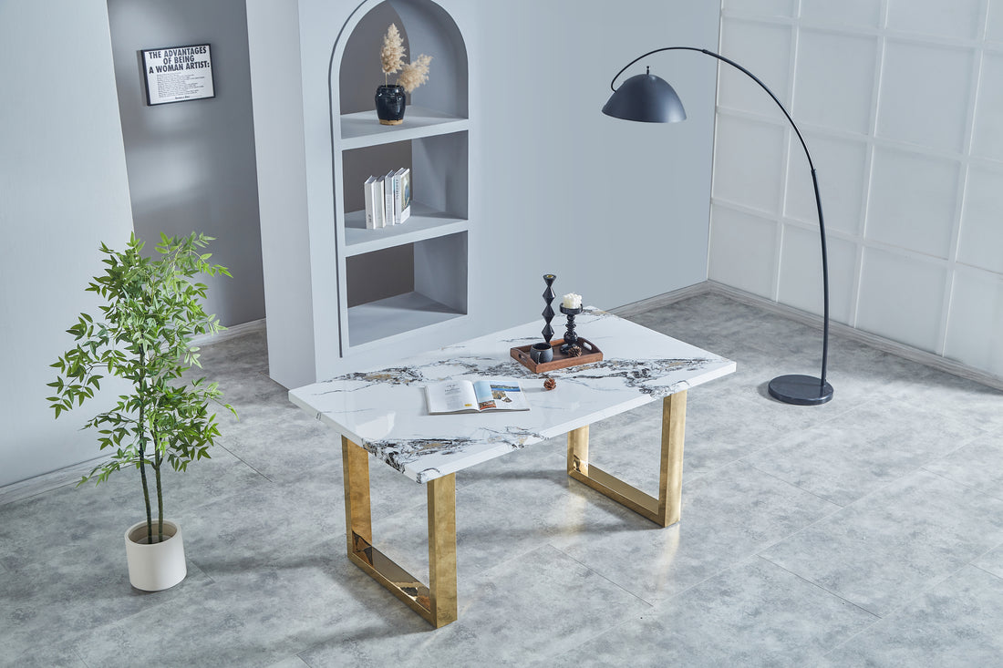 Luxurious Faux Marble Mdf Dinning Table For 6 Or 8, Rectangular 63"L*35.4"W*29.8"H, Thick And Solid Stainless Steel Legs Modern, Sturdy And Du Rable, Easy To Assemble For Kitchen Living Room Meeting White Gray Seats 6 Ergonomic Kitchen