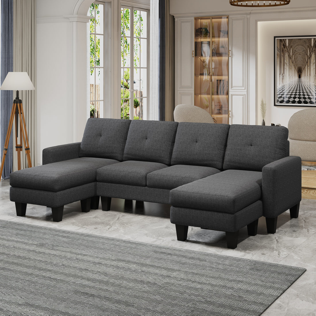 U Shaped Sofa Coch 4 Seat Sofa With Chaise Polyester Fabric For Living Room Apartment Office Dark Grey Dark Grey Linen Wood Primary Living Space Soft Eucalyptus Foam Linen 4 Seat