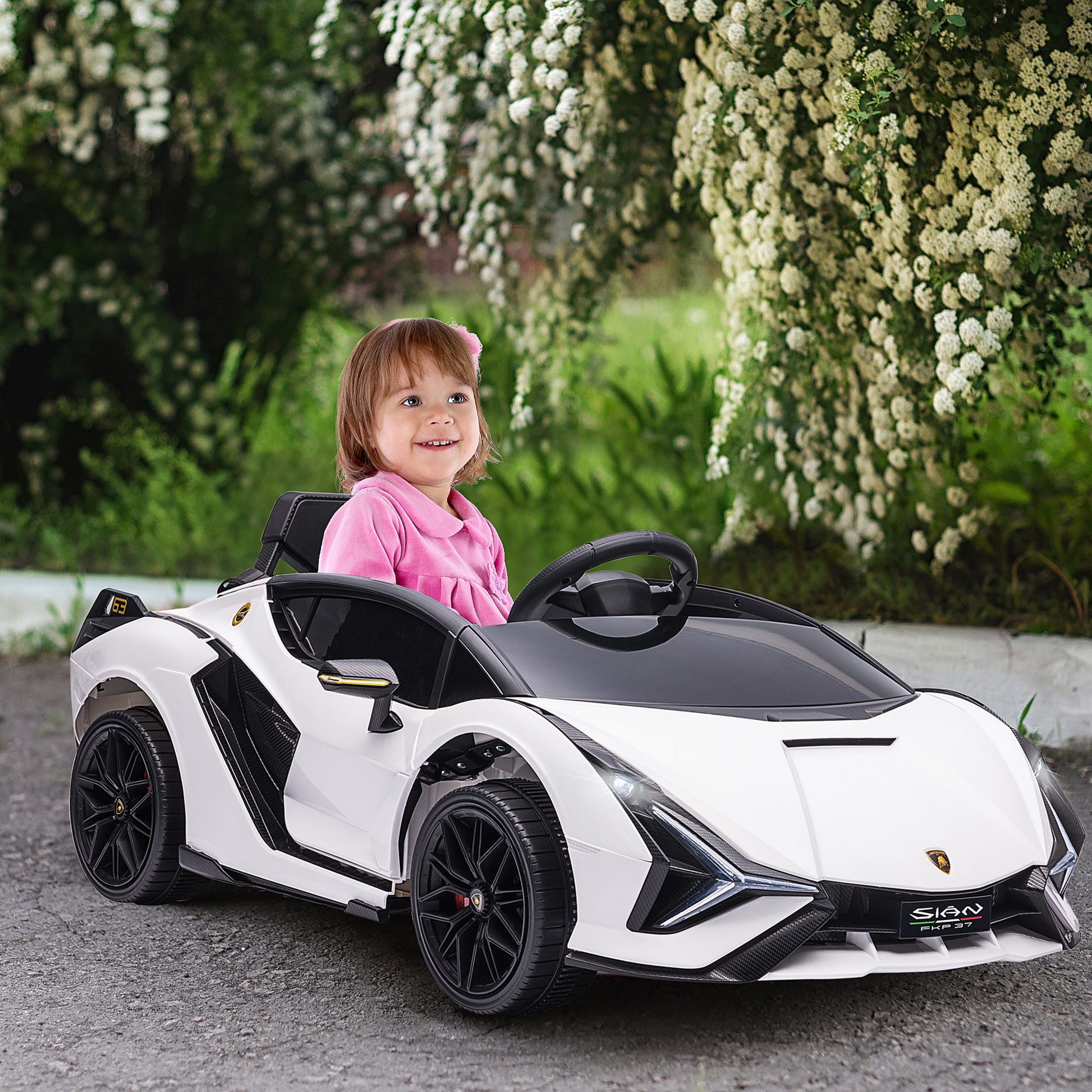 Aosom Lamborghini Sian Licensed Kids Ride On Car, 12V Battery Powered Electric Sports Car Toy With Remote Control, Horn, Music, & Headlights, White White Plastic