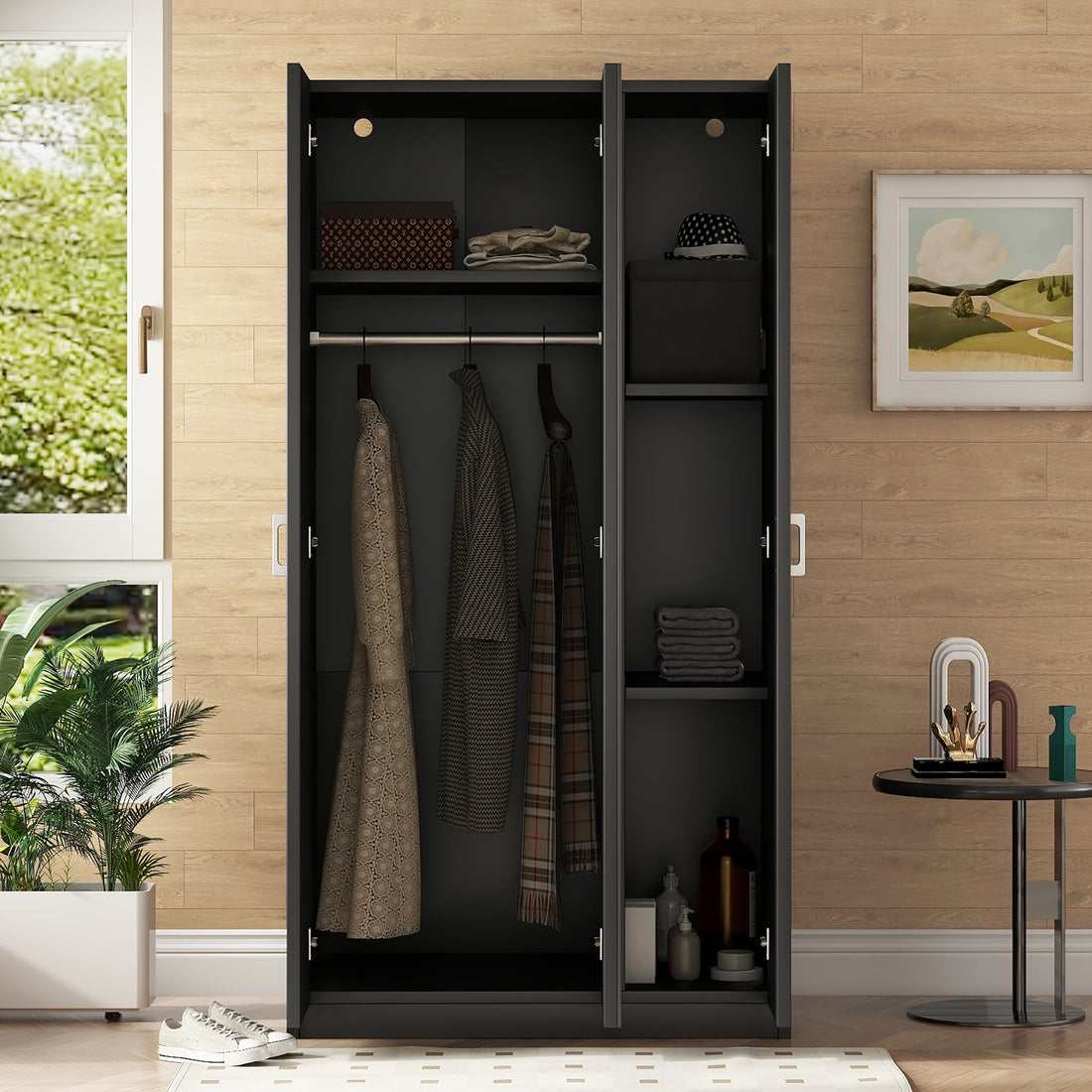 3 Door Wardrobe With Mirror, Armoire With Hanging Rod And 3 Fixed Shelves,Black Black Particle Board