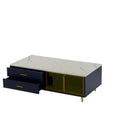 Modern Navy Blue Coffee Table With 2 Glass Door Storage, 4 Drawers, Gold Metal Legs, And Multi Color Lighting In 47.2'' Navy Blue Drawers Mdf