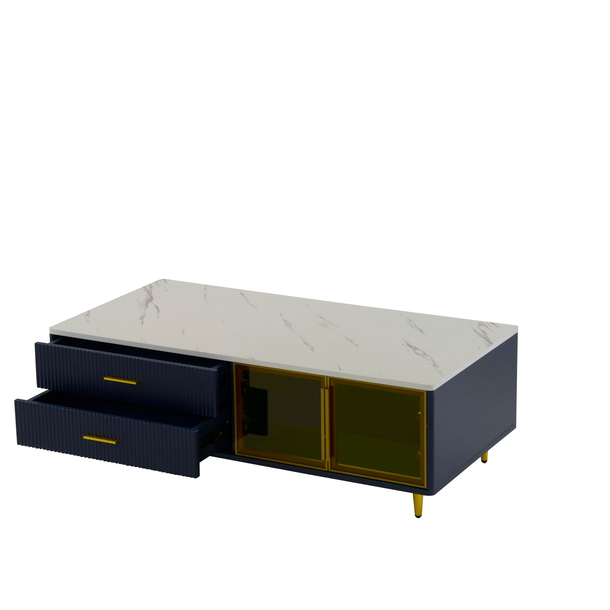 Modern Navy Blue Coffee Table With 2 Glass Door Storage, 4 Drawers, Gold Metal Legs, And Multi Color Lighting In 47.2'' Navy Blue Drawers Mdf