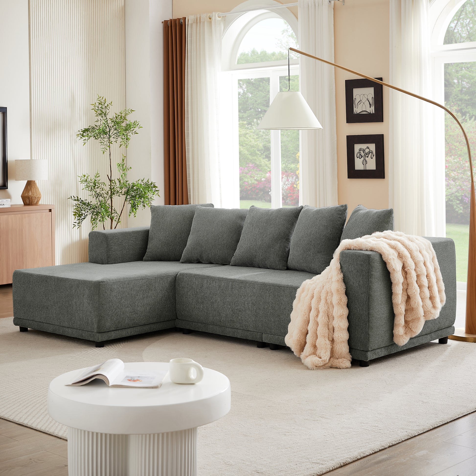 Chenille L Shaped Sectional Sofa Set,Minimalist Style Modular Sectional Sofa, Luxury Chenille Fabric Cloud Couch For Living Room Grey Chenille 4 Seat