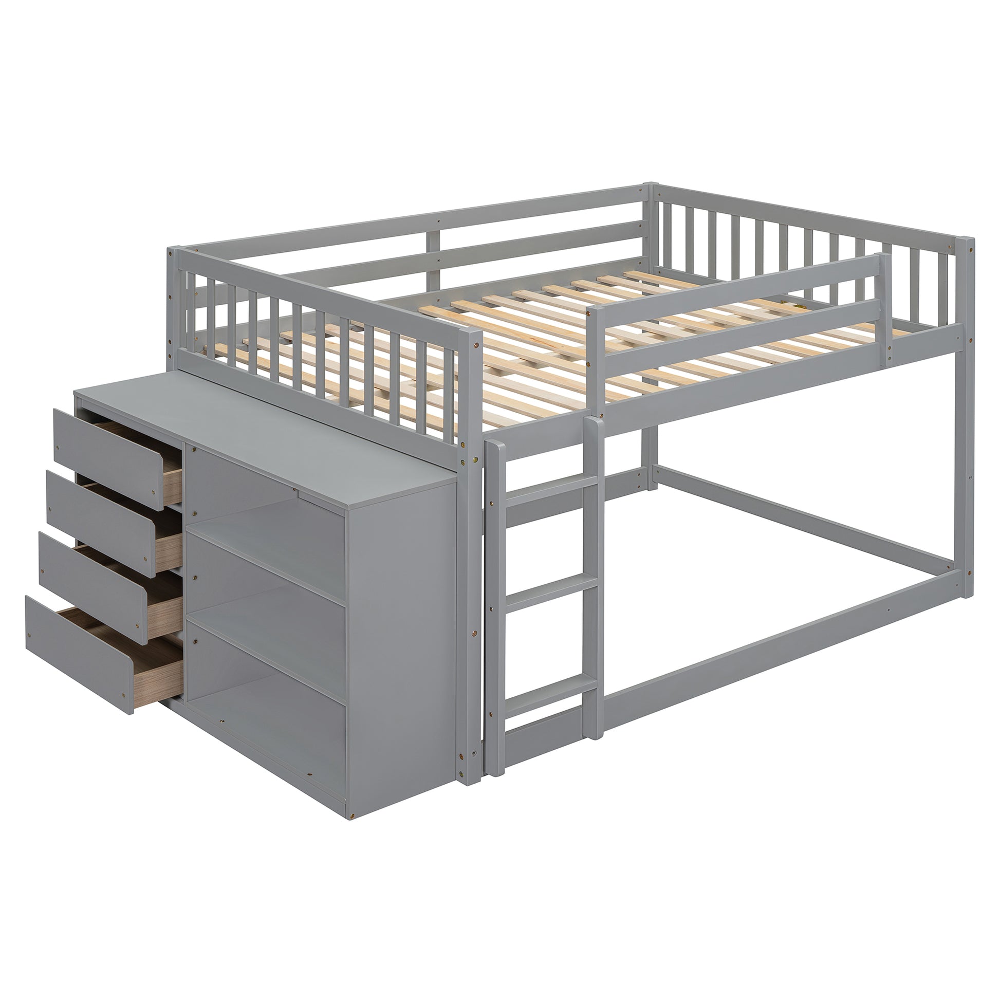 Full Over Full Bunk Bed With 4 Drawers And 3 Shelves Gray Full Gray Solid Wood