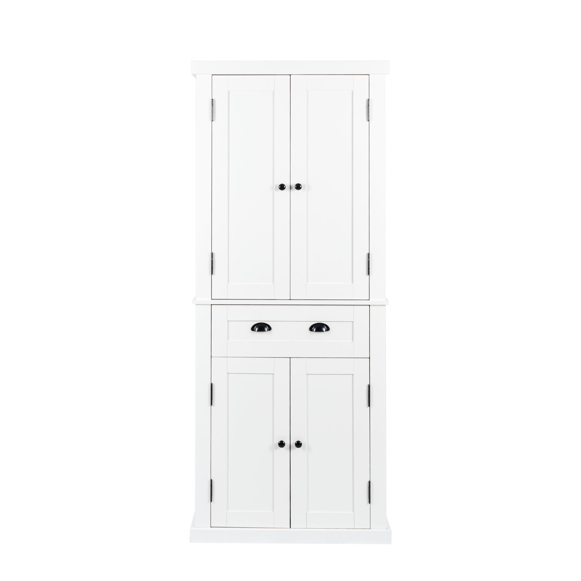 72" Kitchen Pantry Storage Cabinet, Traditional Freestanding Cupboard With 4 Doors And Adjustable Shelves, Large Central Drawer, White White Particle Board Mdf