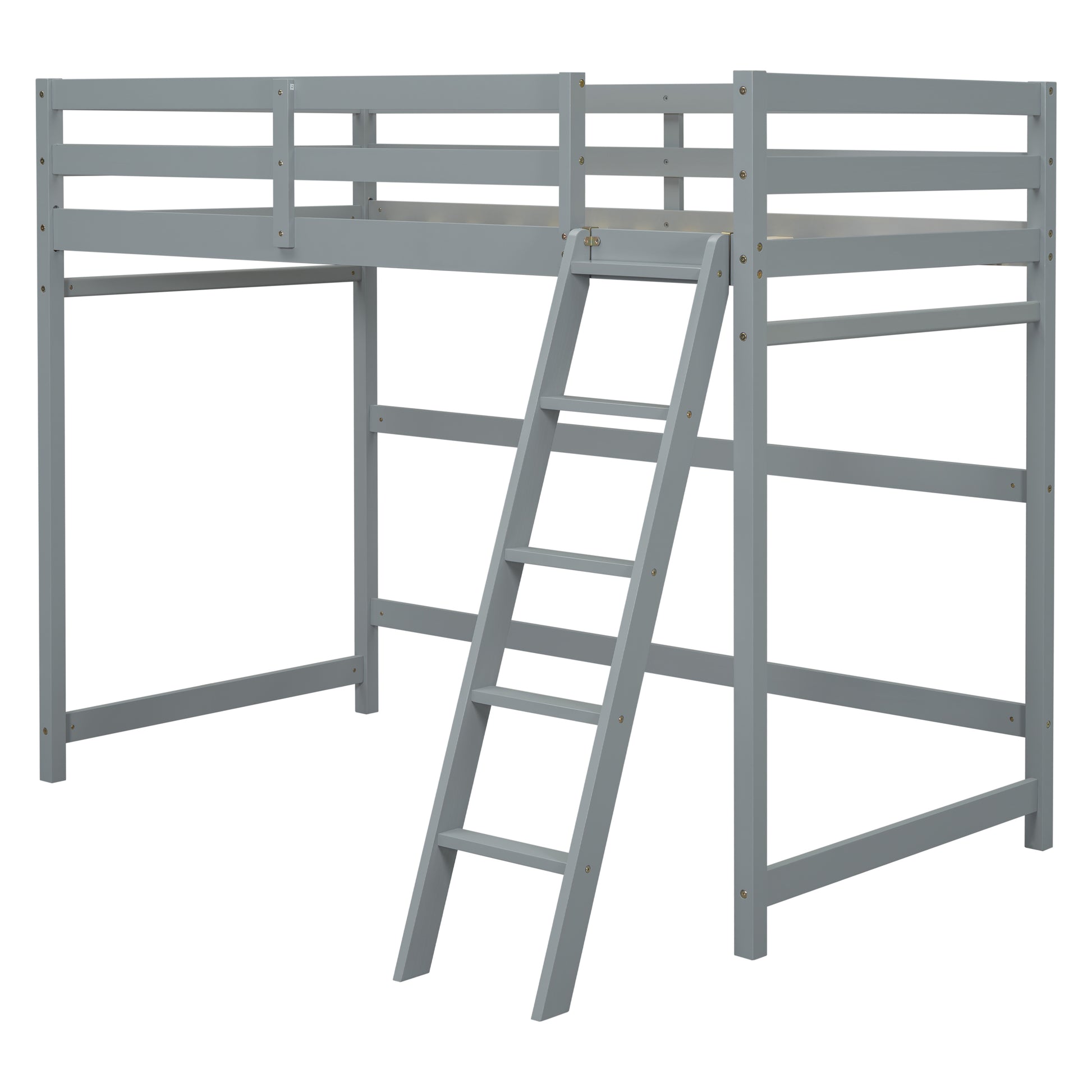 Twin Size High Loft Bed With Inclined Ladder, Guardrails,Grey Twin Grey American Design Pine