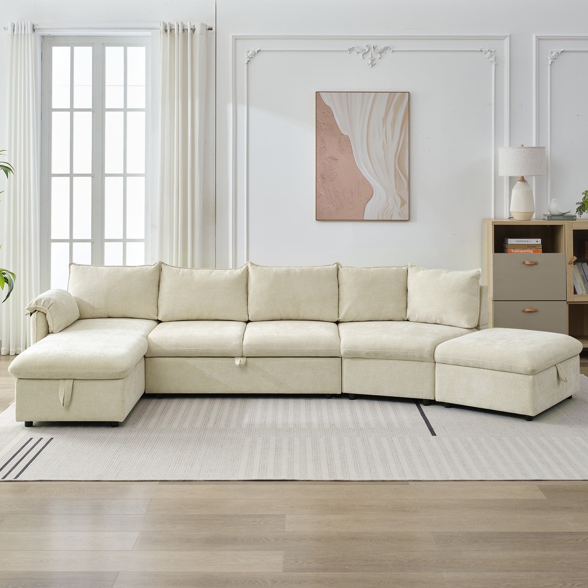 146.9" L Shaped Sofa Sectional Sofa Couch Pull Out Sofa Bed With A Movable Storage Ottoman, A Storage Chaise Lounge And Two Usb Ports For Living Room, Beige Beige Foam Linen 5 Seat