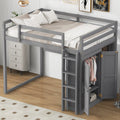 Wood Full Size Loft Bed With Built In Wardrobe And Storage Shelves, Led Light, Gray Box Spring Not Required Full Gray Wood Bedroom Bed Frame Solid Wood Mdf