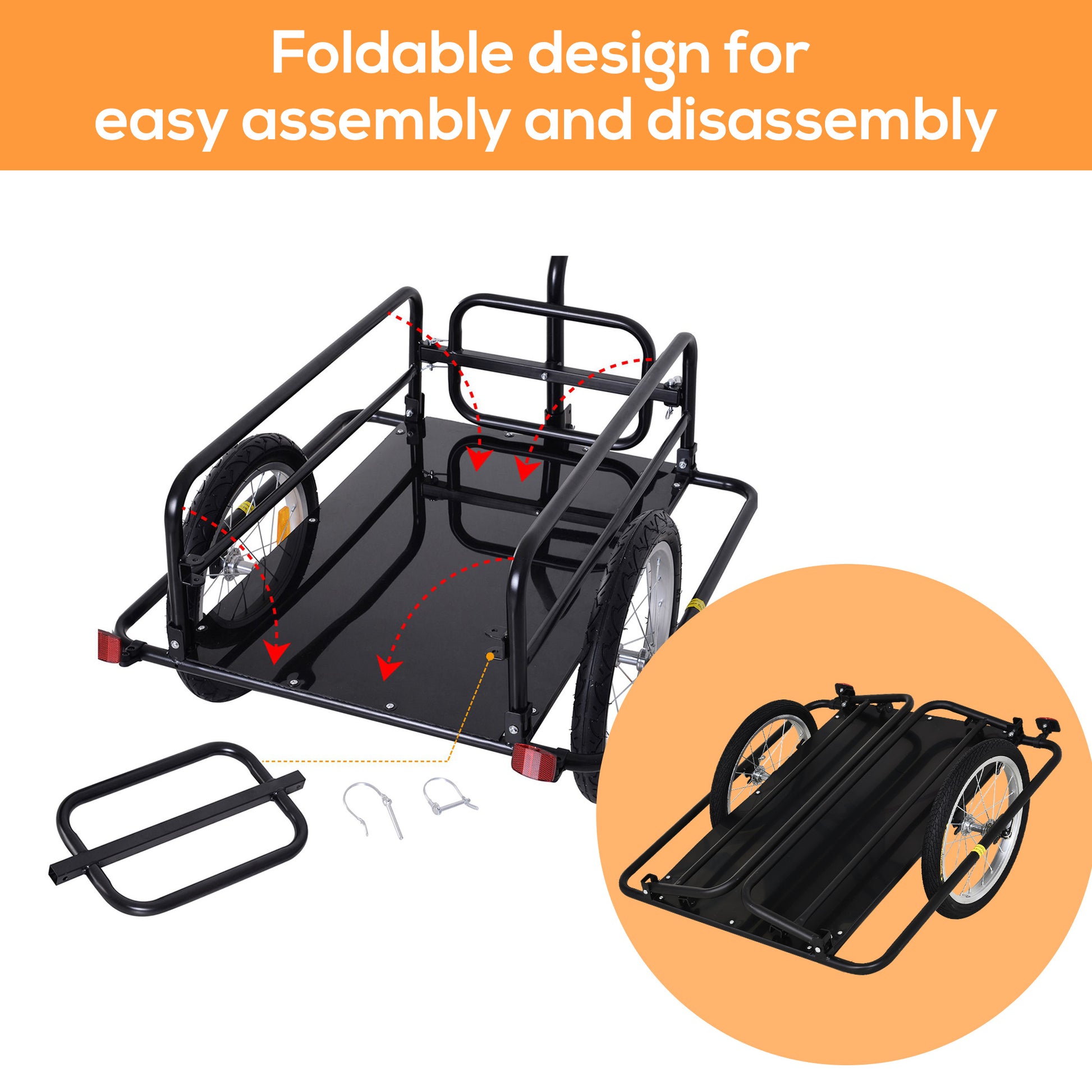 Aosom Bike Cargo Trailer, Bicycle Trailer, Heavy Duty Bike Wagon Cart, Foldable Compact Storage, With Universal Hitch, 16" Wheels, 88 Lbs. Capacity, Black Black Steel
