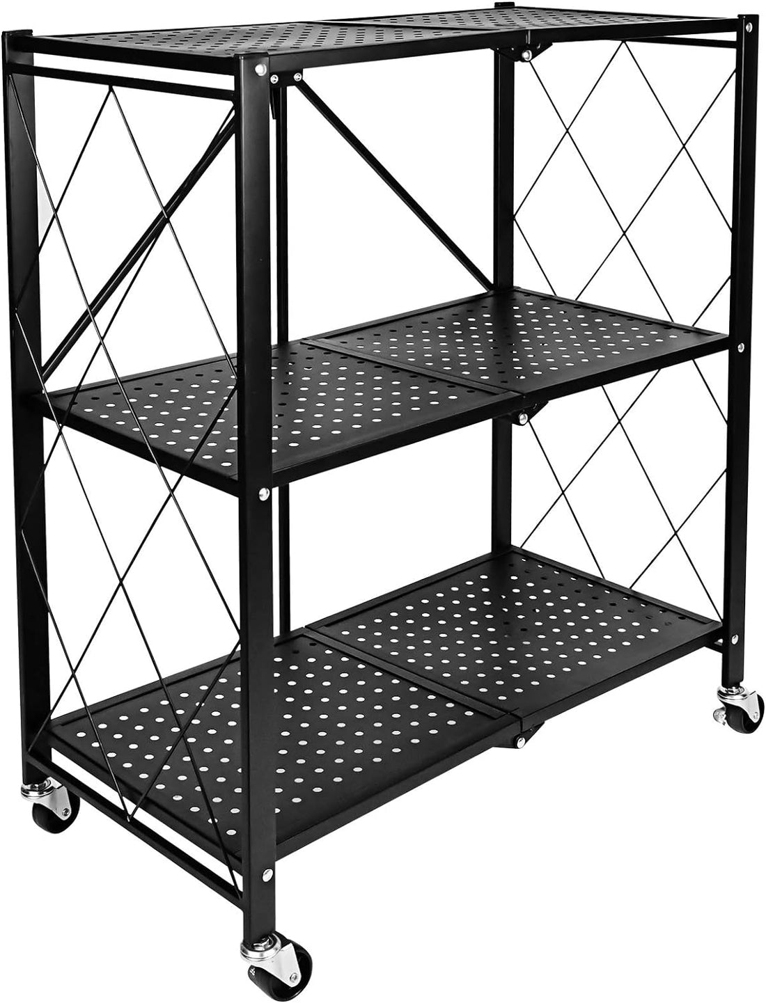 3 Tier Heavy Duty Foldable Metal Rack Storage Shelving Unit With Wheels Moving Easily Organizer Shelves Great For Garage Kitchen, Black Black Primary Living Space Metal Adjustable Shelves Iron