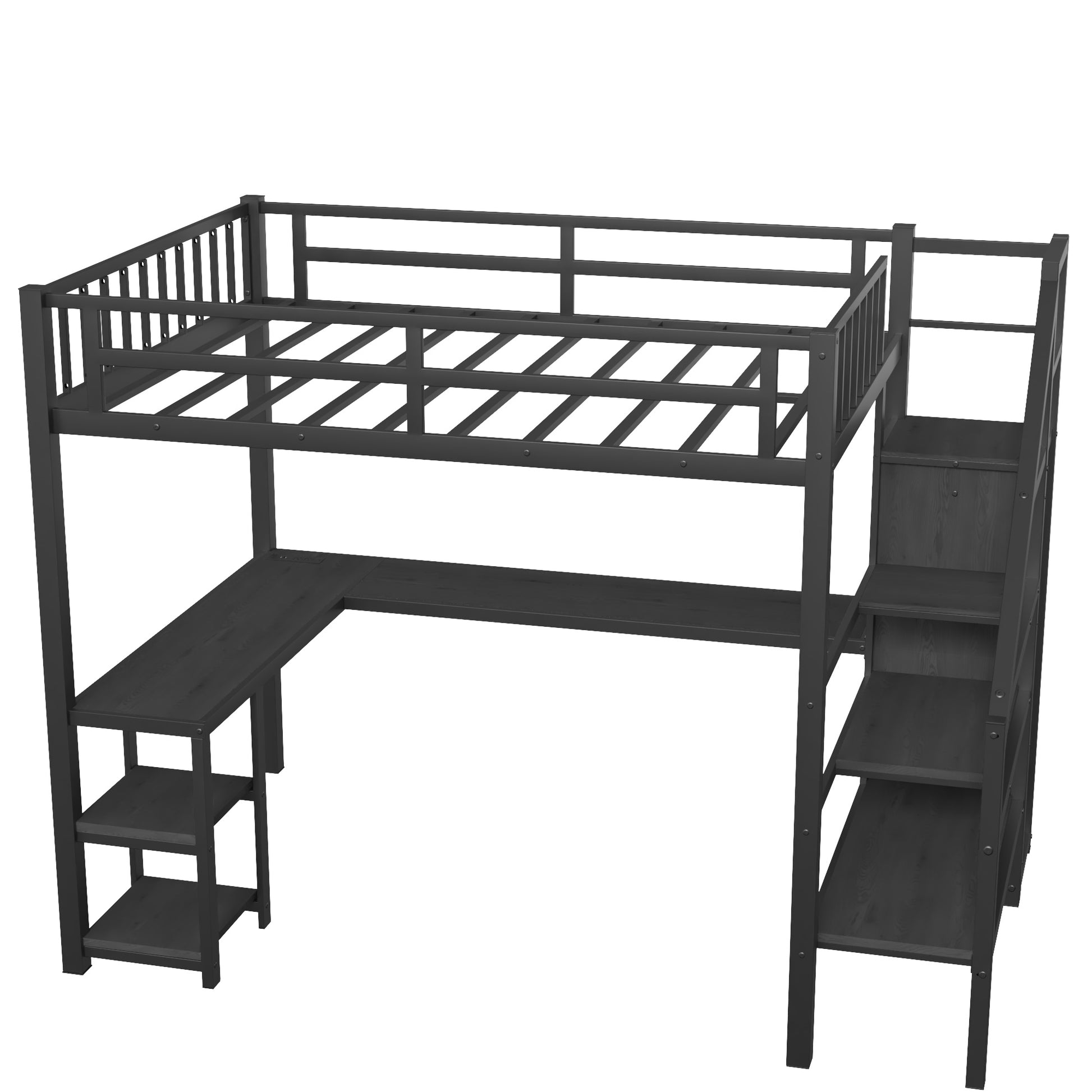 Metal Full Loft Bed With Wardrobe And Led Light, Full Size Loft Bed With L Shaped Desk And Usb For Kids Teens Adults, Black Full Black Metal