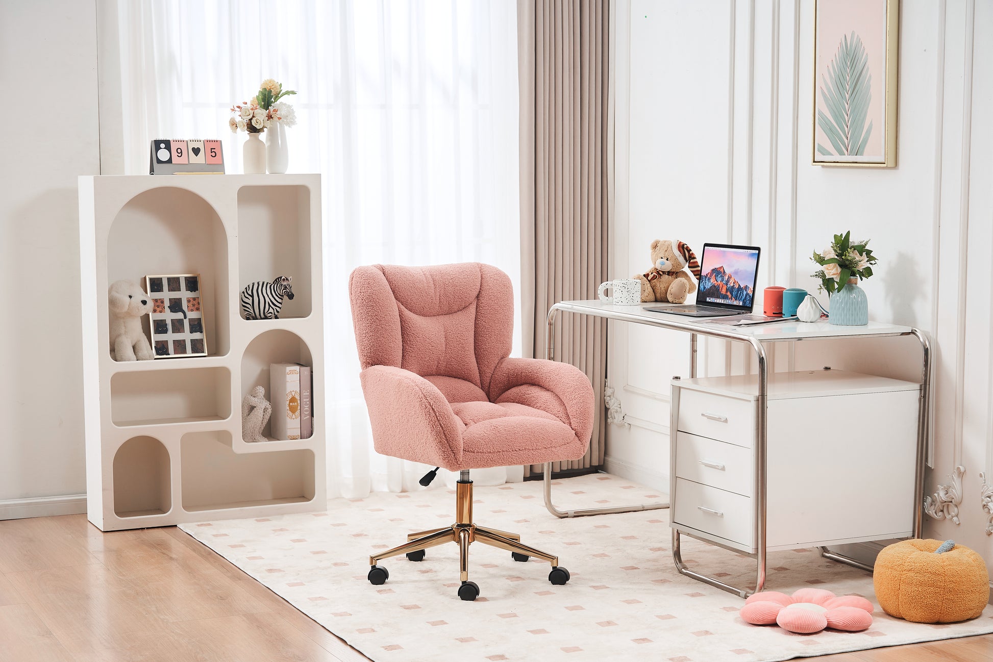 005 Teddy Fabric 360 Swivel Home Office Chair With Gold Metal Base And Universal Wheels,Pink Solid Pink Office Sponge Wipe Clean Modern Office Chairs Tufted Back Foam Swivel Teddy