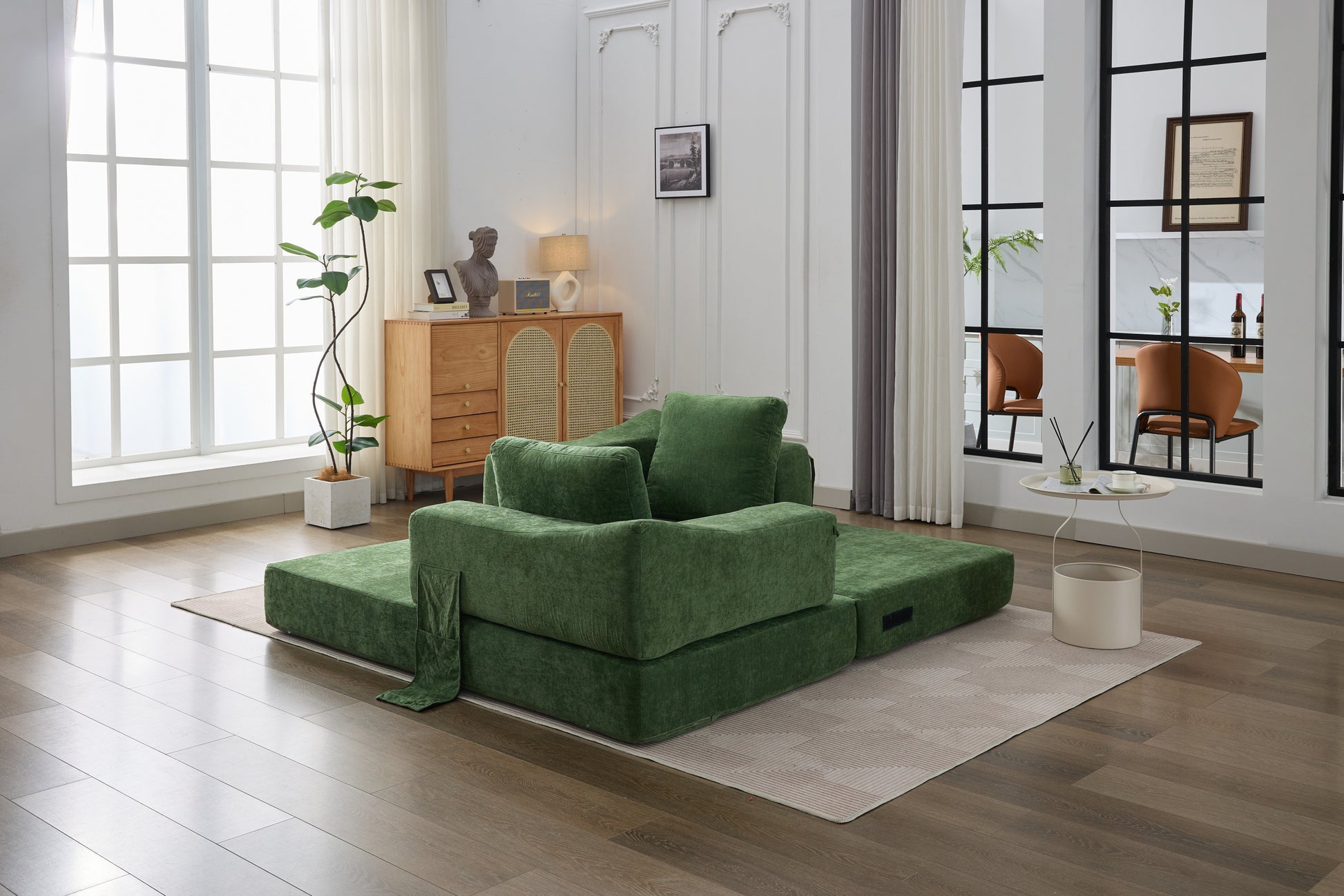 Modern Minimalist Sofa, Fold Out Sofa Bed, Convertible Chair Floor Couch & Sleeping Mattress For Living Room, Bedroom, Apartment, Removable Backrest, Green Green Chenille Soft Vintage Chenille 2 Seat
