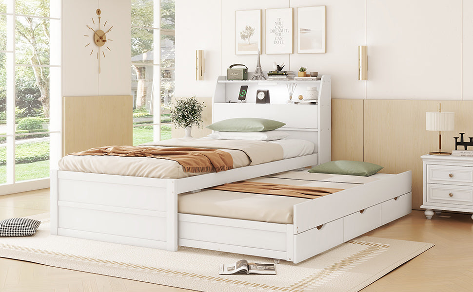 Twin Size Wooden Led Platform Bed With Trundle, With Storage Headboard, With Drawers, White Twin White Plywood