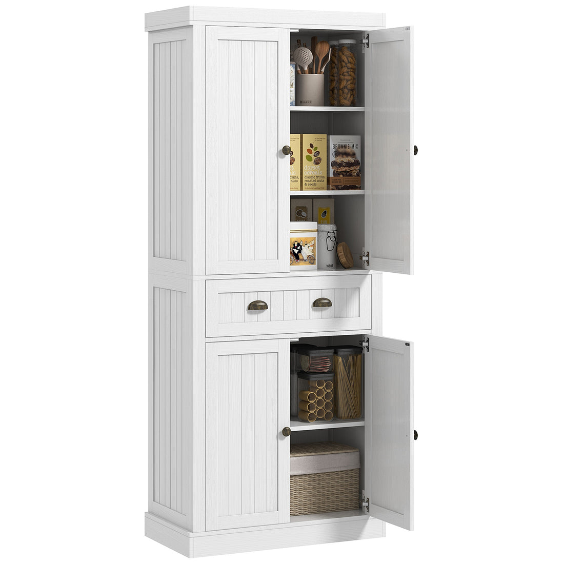 Homcom 72" Farmhouse Kitchen Pantry Cabinet, Freestanding Tall Storage Cabinet With 4 Soft Close Doors, 2 Adjustable Shelves And Drawer For Dining Room, Distressed White White Mdf