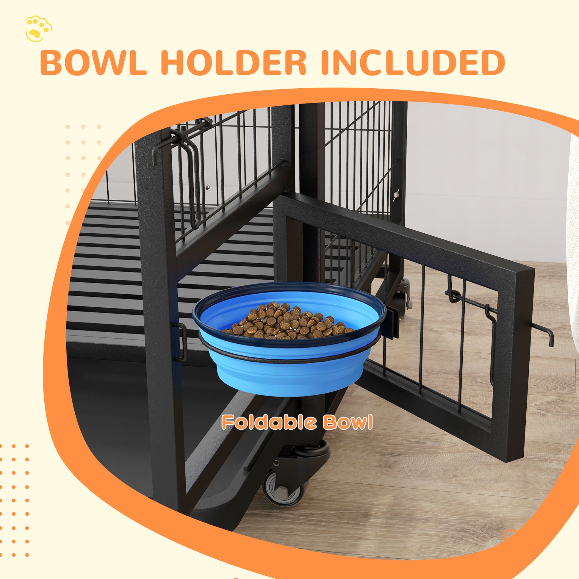 Pawhut 43" Heavy Duty Dog Crate With Bowl Holder, Strong Steel Dog Crate With Wheels, Detachable Door, Openable Top And Removable Tray For Large And Extra Large Dogs, Black Black Steel