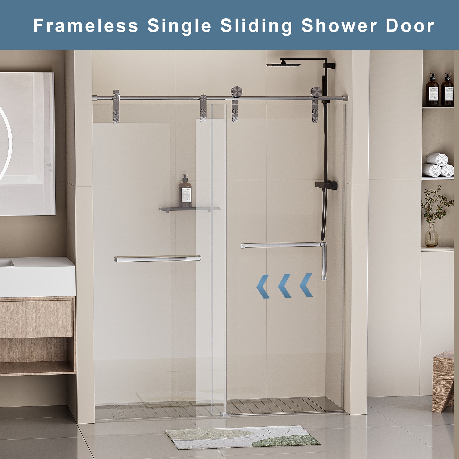 56 60 In. W X 76 In. H Frameless Shower Door, Single Sliding 5 16" 8Mm Clear Tempered Glass Shower Door With Explosion Proof Film, Stainless Steel Hardware, Brushed Nickel 24D210 60Bn Combo Brushed Nickel Tempered Glass