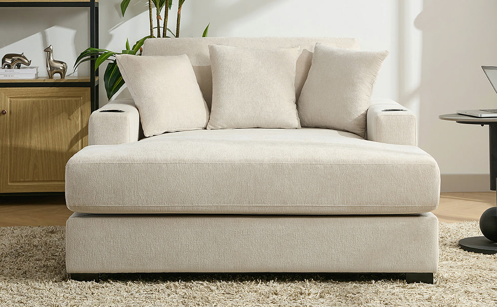 55" Oversized Chaise Lounger Modern Style Sofa Couch ,With Pillows, Charge Station & Cup Holders, Chenille Fabric, Cream Cream Chenille