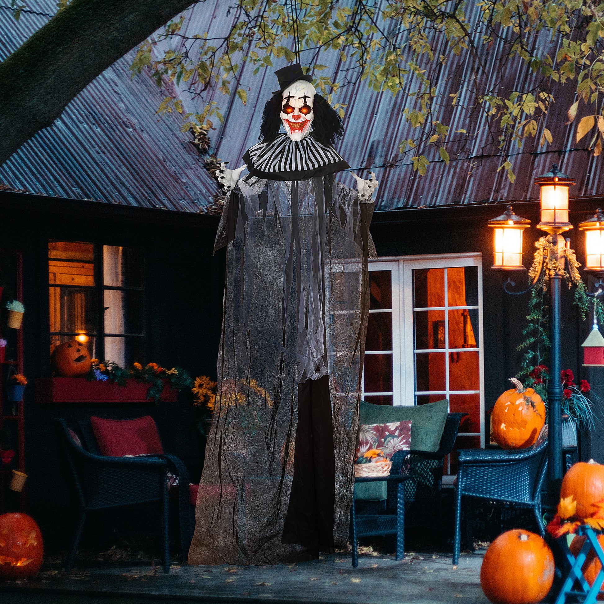 Homcom 6' Life Size Outdoor Halloween Decoration, Classic Black And White Striped Clown Animatronic, Sound And Motion Activated Animated Prop With Light Up Eyes & Sounds Black Polyester