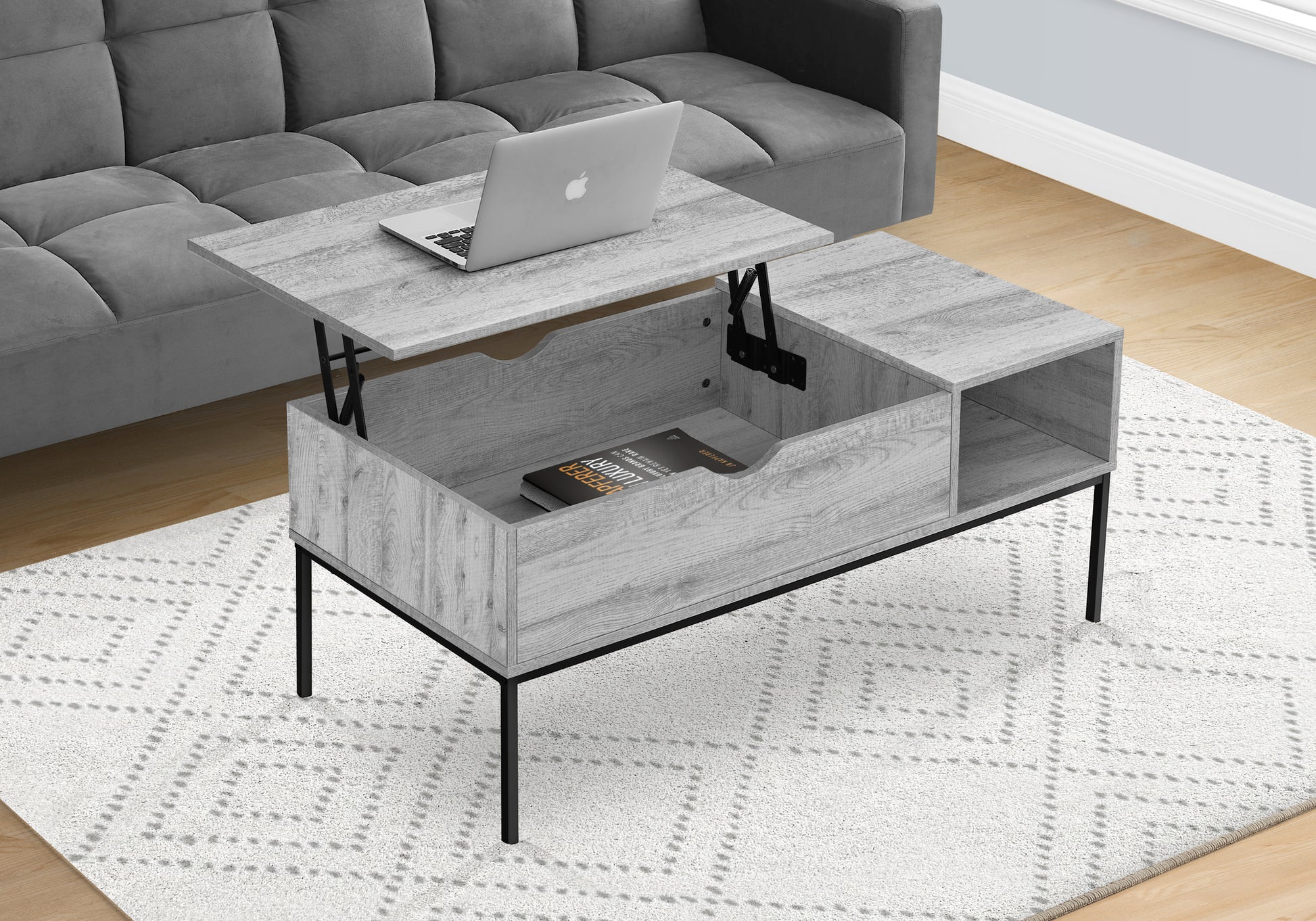 Coffee Table, 42" L, Rectangular, Cocktail, Lift Top, Grey, Black Metal, Contemporary, Modern Grey Particle Board