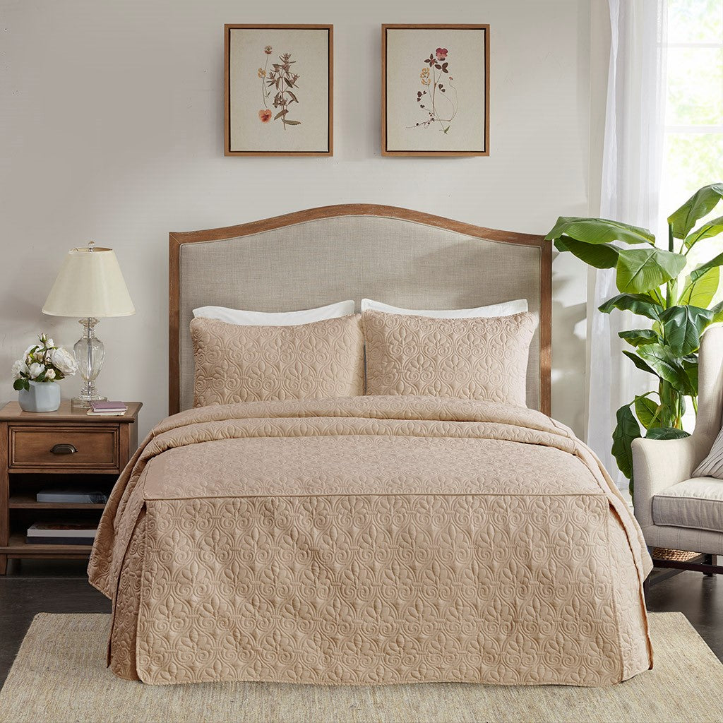 3 Piece Split Corner Pleated Quilted Bedspread Khaki Queen Khaki Polyester