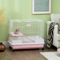 Pawhut 2 Level Small Animal Cage Rabbit Hutch With Wheels, Removable Tray, Platform And Ramp For Bunny, Chinchillas, Ferret, Pink Pink Iron Plastic