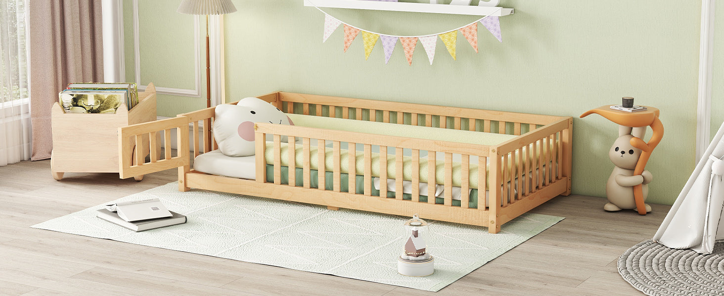 Twin Size Bed Floor Bed With Safety Guardrails And Door For Kids, Natural Old Sku: W158090686 Twin Natural Pine