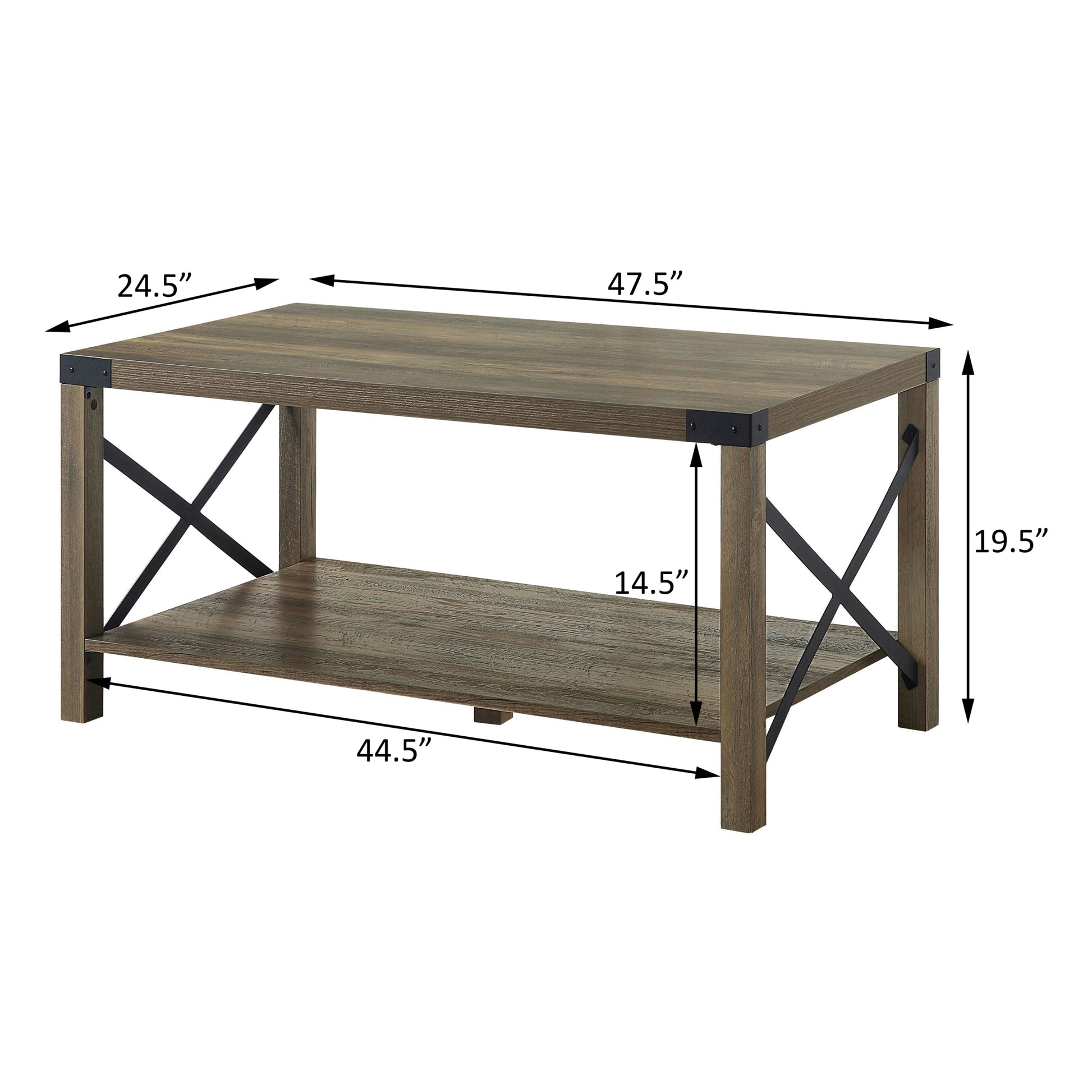 Rustic Oak Coffee Table With Bottom Shelf Rustic Primary Living Space Shelves Rectangular Wood Metal