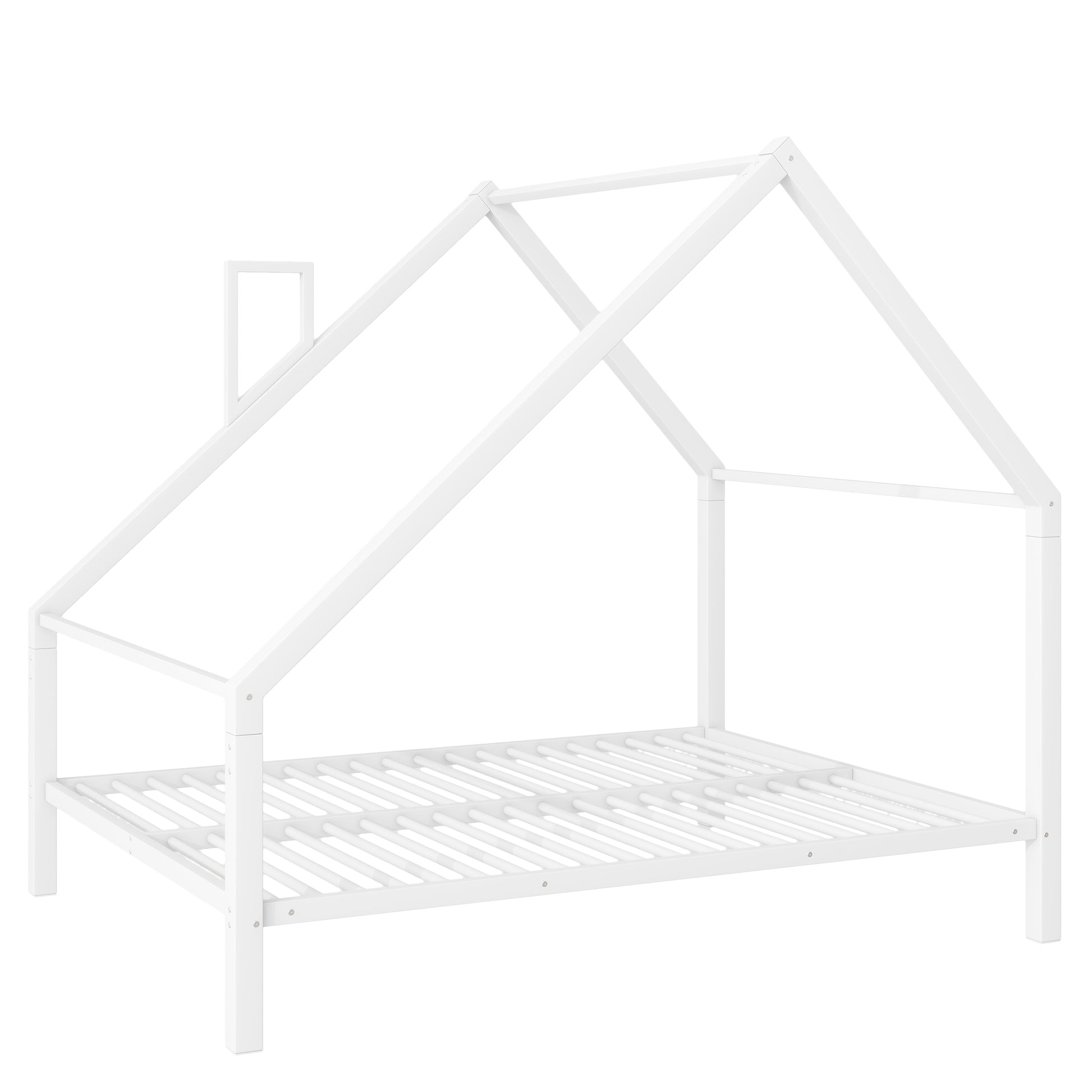 Full Size Metal House Platform Bed With Roof And Chimney, White Box Spring Not Required Full White Metal Bedroom Bed Frame Metal