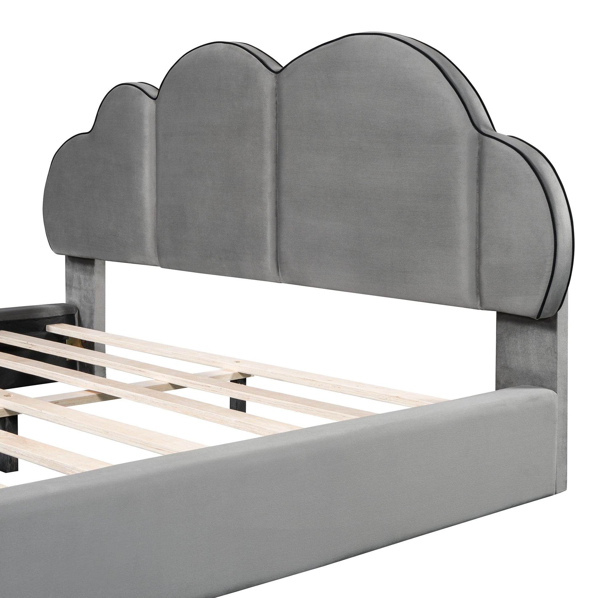 Queen Size Upholstered Platform Bed With Cloud Shaped Headboard, Gray Queen Gray Velvet