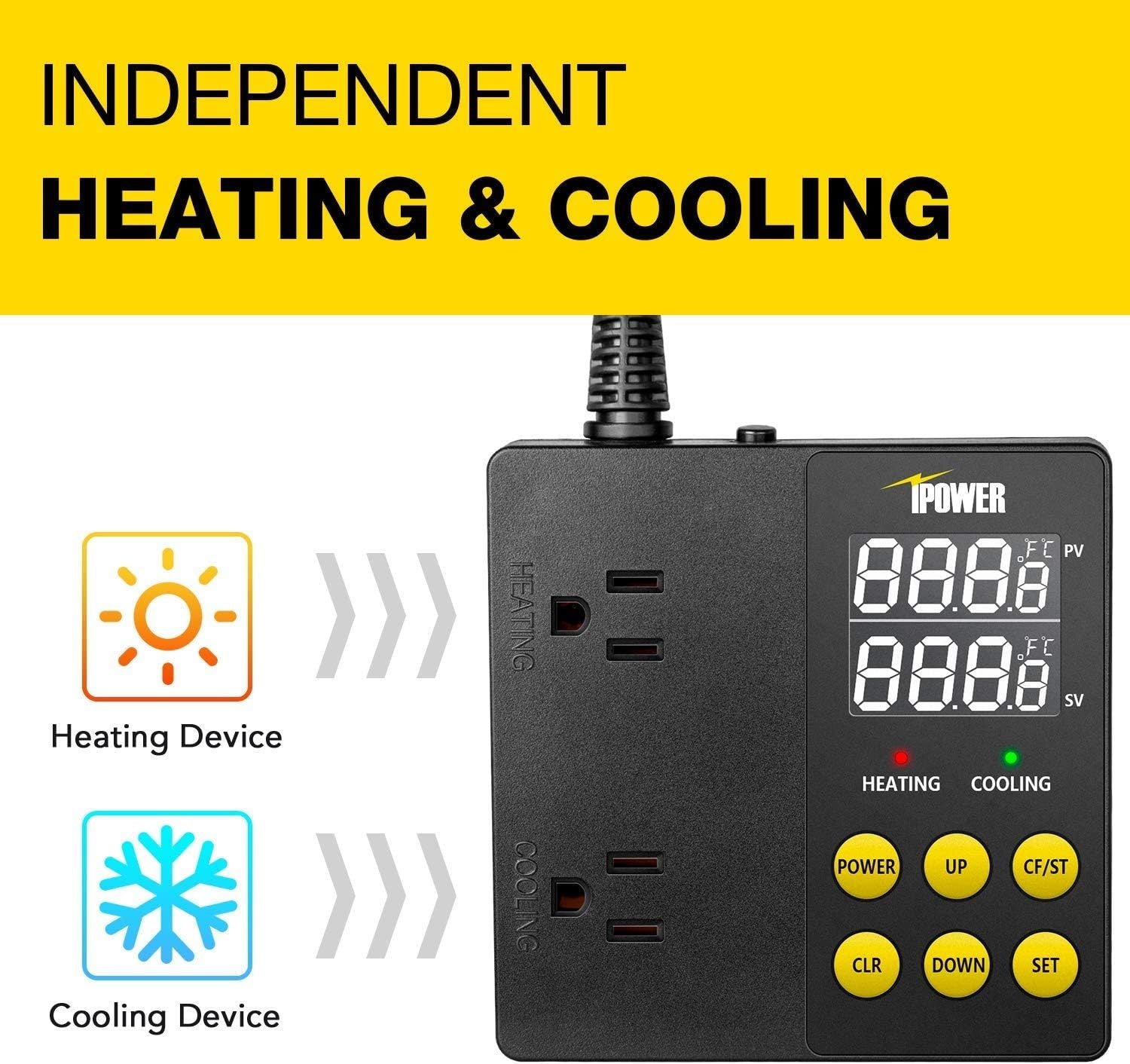 Professional Digital Heating And Cooling Temperature Controller For Seed Germination, Reptiles And Brewing Breeding Fermenter Greenhouse, Grow Tent, 1875W Black Ceramic Tile Iron