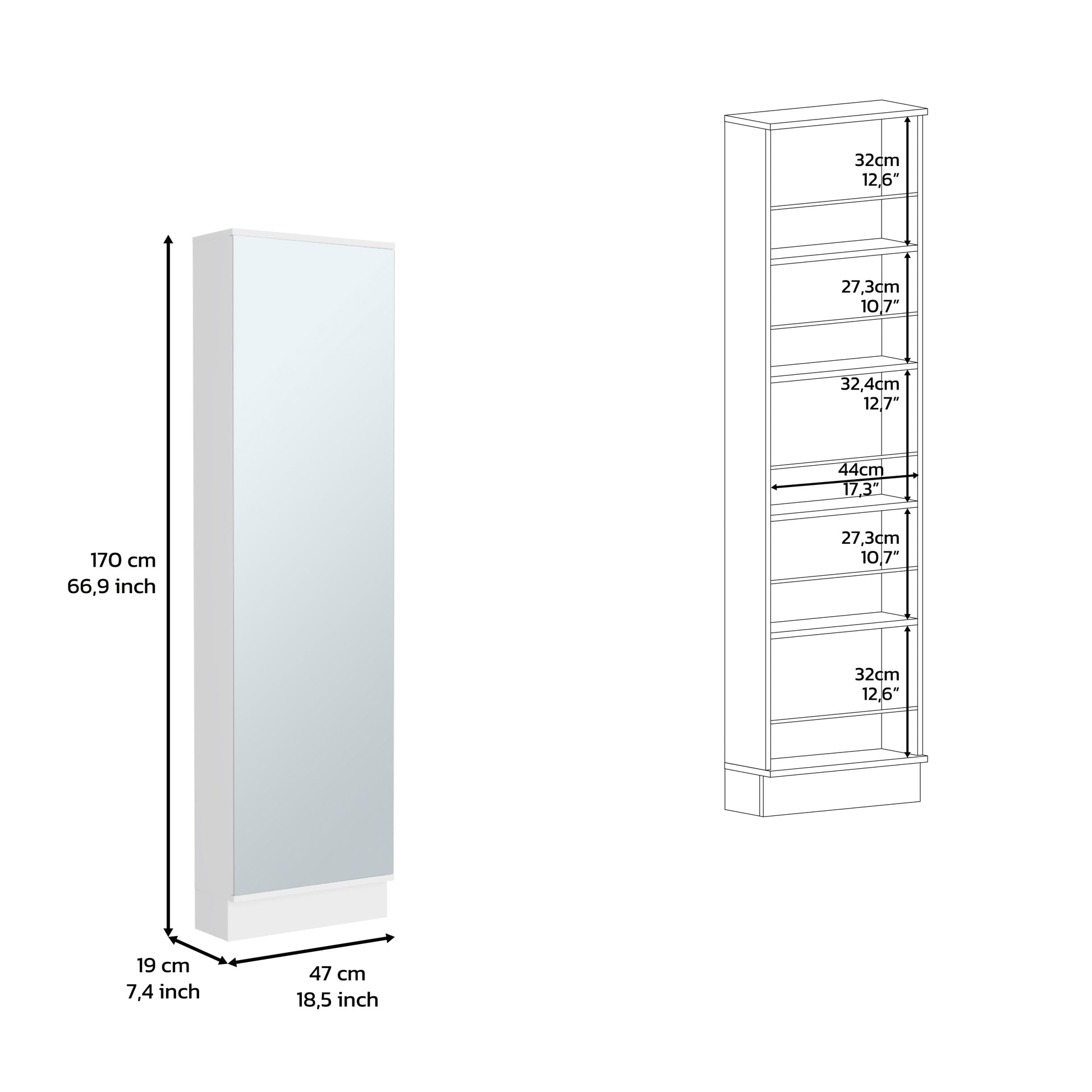 Shoe Rack 67" H, Five Internal Storage Shelves, A Mirror, A Door, Approximate Capacity Of 10 Pairs Of Shoes, White White Particle Board Particle Board