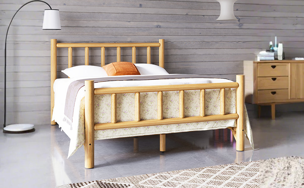 Farmhouse Log Bed Frame Queen Rustic Style Pure Solid Pine Cylinder Construction Bed Fits Mattresses And Box Springs, Natural Finish Queen Natural Pine