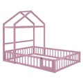 Wooden Floor Bed With Fence Railings And Detachable House Shape Headboard,Full Size Bed With Kids Dress Up Rack, Kids Montessori Style Playhouse Frame For Girls Boys, Pink Full Pink Wood