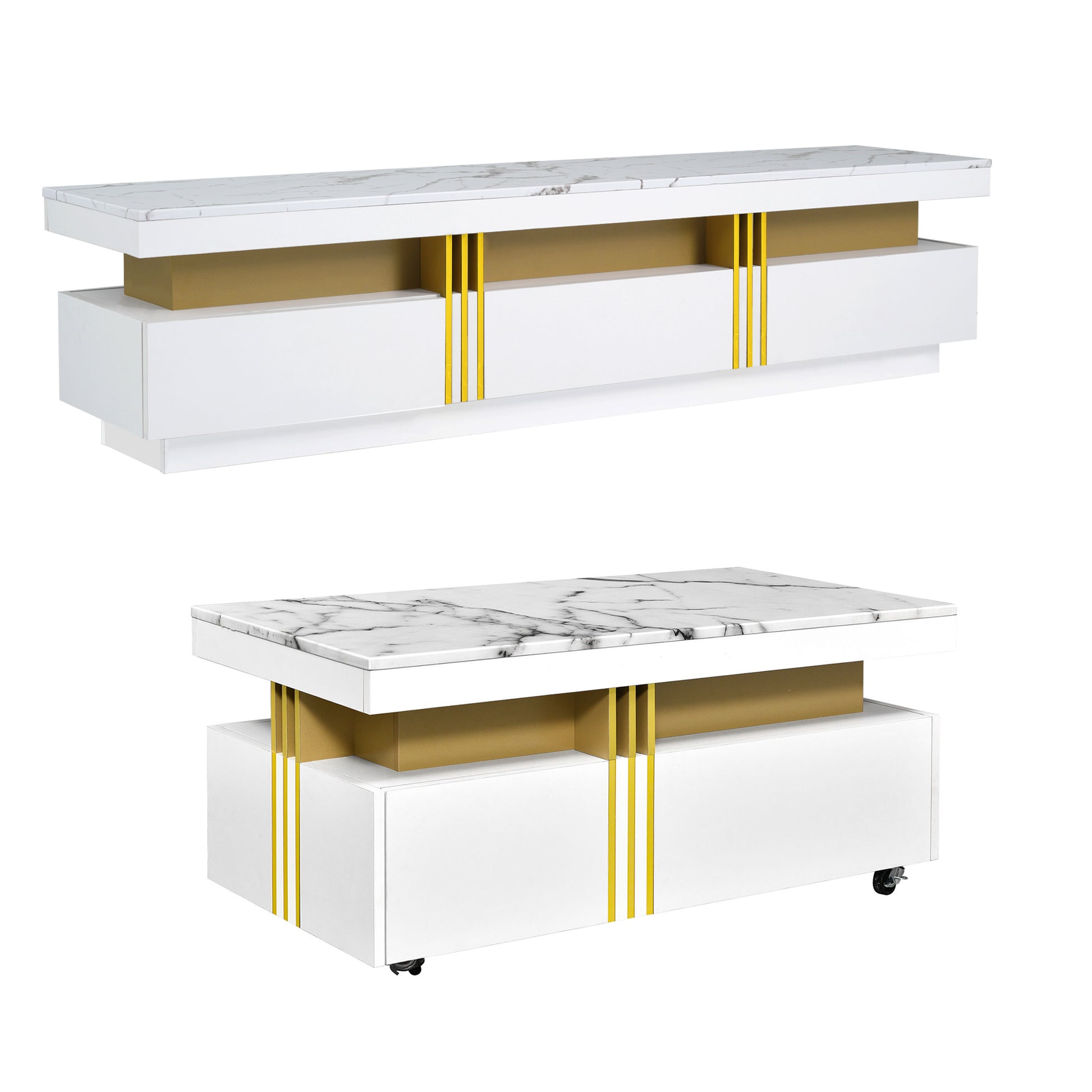 Modern Luxury Tv Stand And Coffee Table Set Of 2, High Gloss Faux Marble Top, Tv Stand For Tvs Up To 78'', Rectangle Coffee Table With Caster Wheels For Living Room, White White Gold 70 79 Inches Mdf