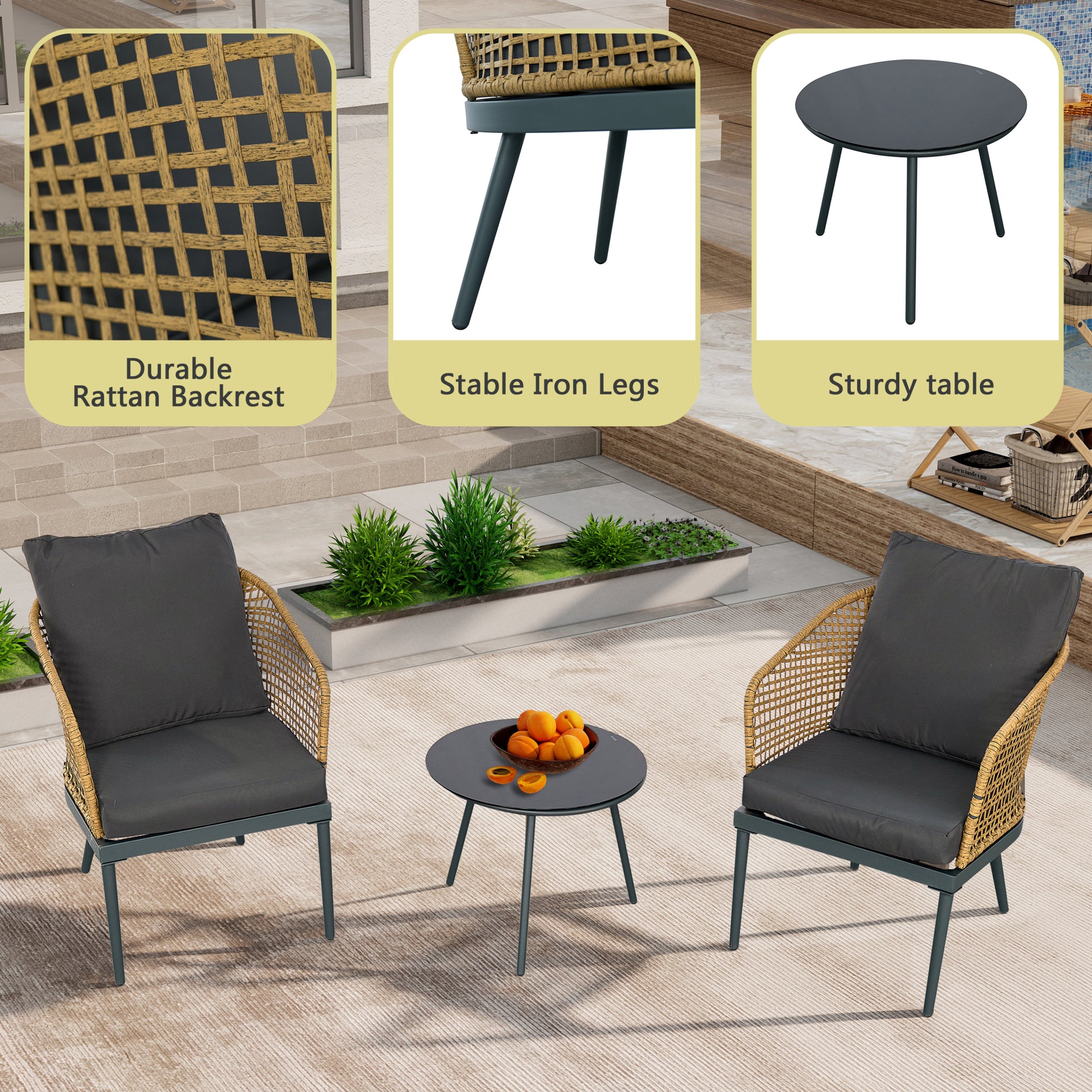 Outdoor Wicker Chairs And Table Bistro Conversation Furniture Set, 3 Pieces For Porch, Balcony, Deck, Patio, Backyard, Natural Color Gray Aluminum