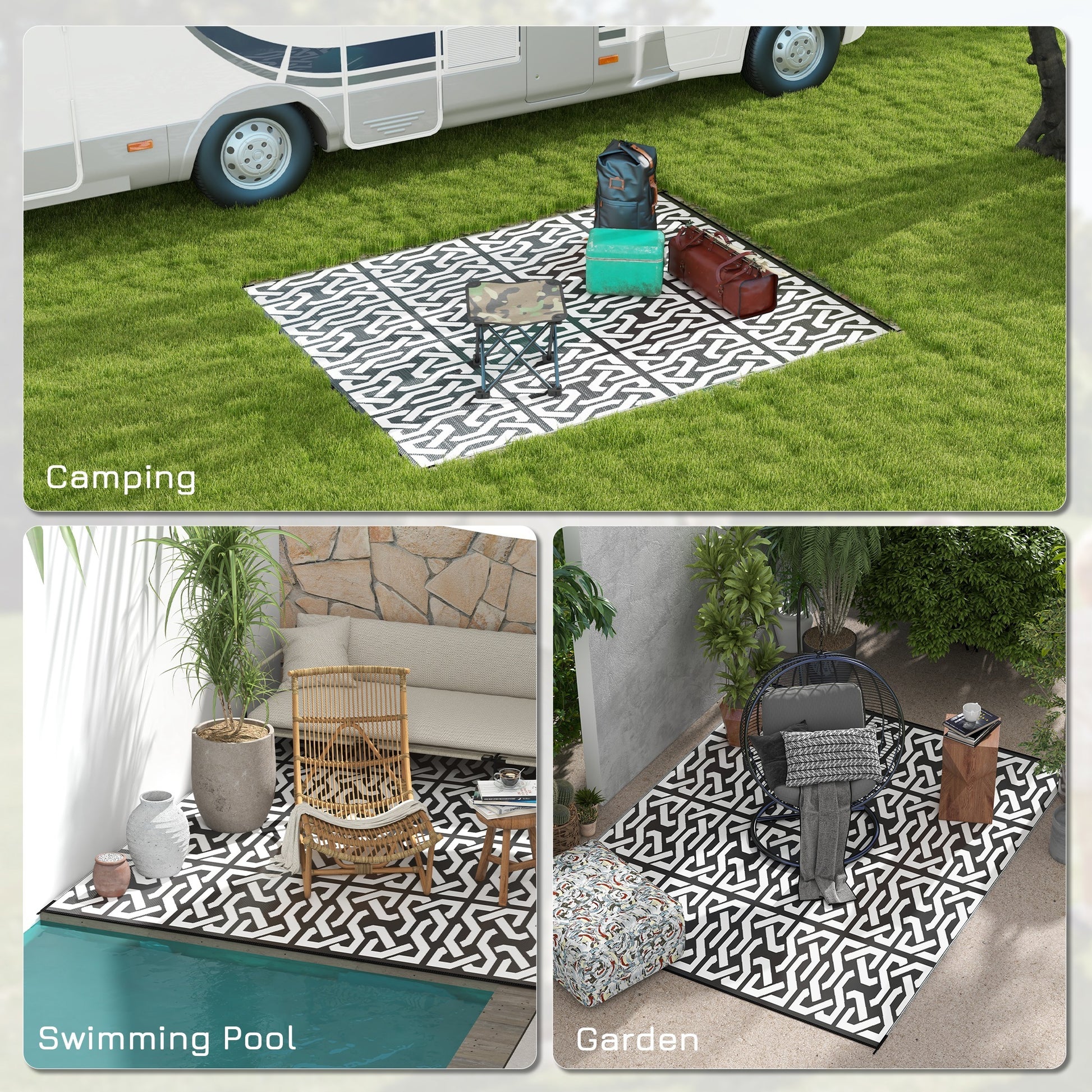 Outsunny Reversible Outdoor Rug, 8' X 10' Waterproof Plastic Straw Floor Mat, Portable Rv Camping Carpet With Carry Bag, Large Floor Mat For Backyard, Deck, Picnic, Beach, Black & White Chain Multicolor Polypropylene
