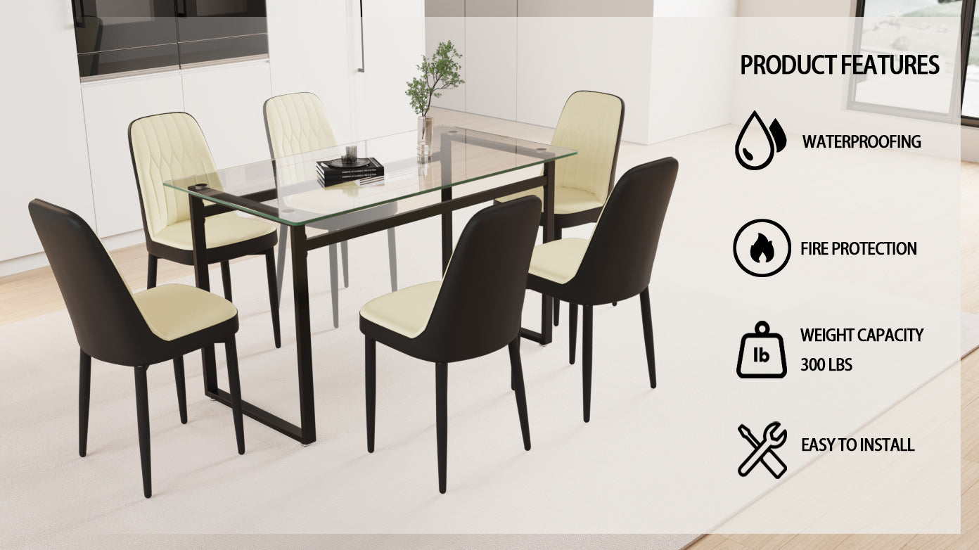 51" 6 Person Glass Dining Table Set, Kitchen Set With Black Metal Leg Dining Table And Chairs, Modern Rectangular Tempered Glass Tabletop And Dining Room Thick Cushioned Pu Dining Chairs Beige Black