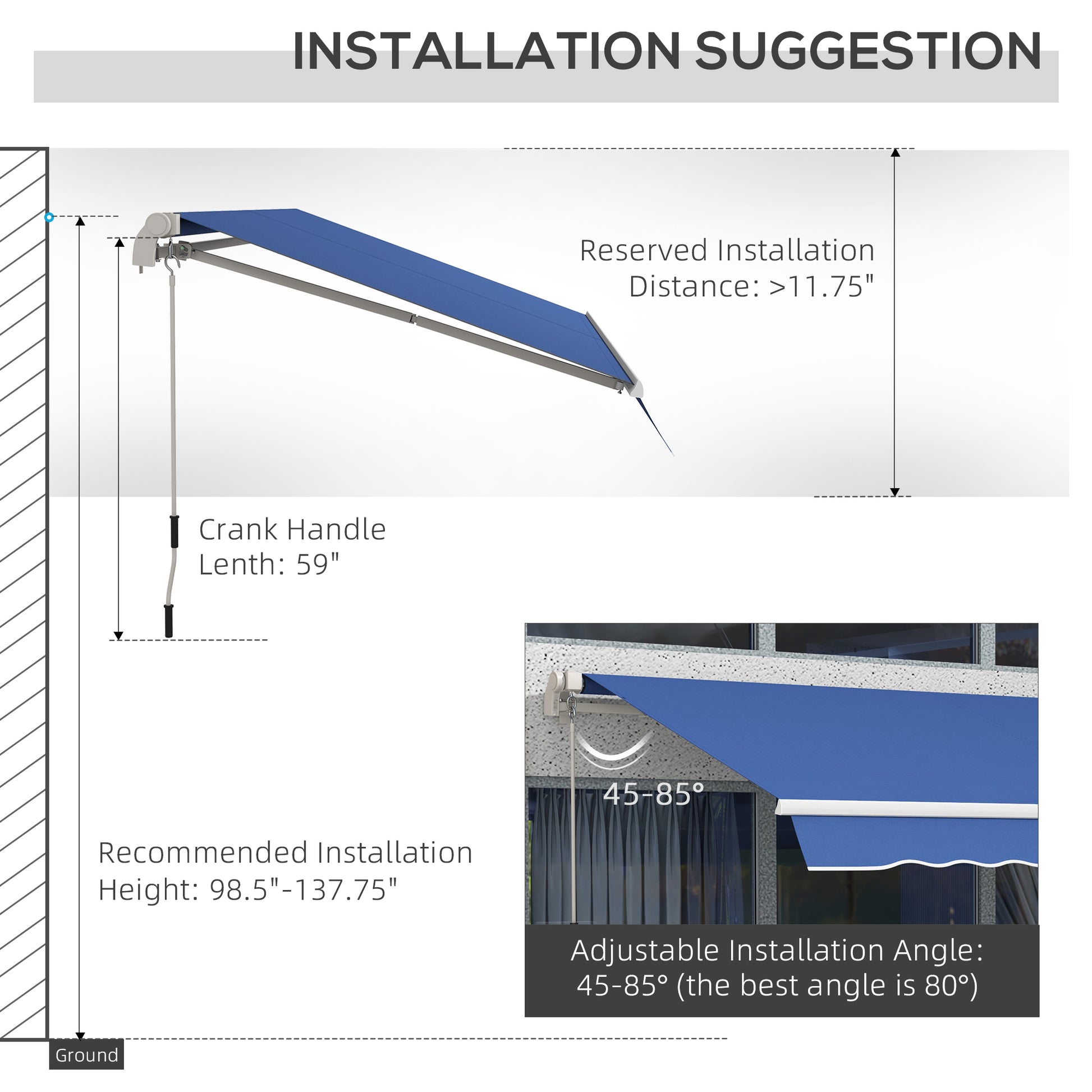 Outsunny 12' X 10' Retractable Awning Patio Awnings Sun Shade Shelter With Manual Crank Handle, 280G M Uv & Water Resistant Fabric And Aluminum Frame For Deck, Balcony, Yard, Dark Blue Blue Aluminum