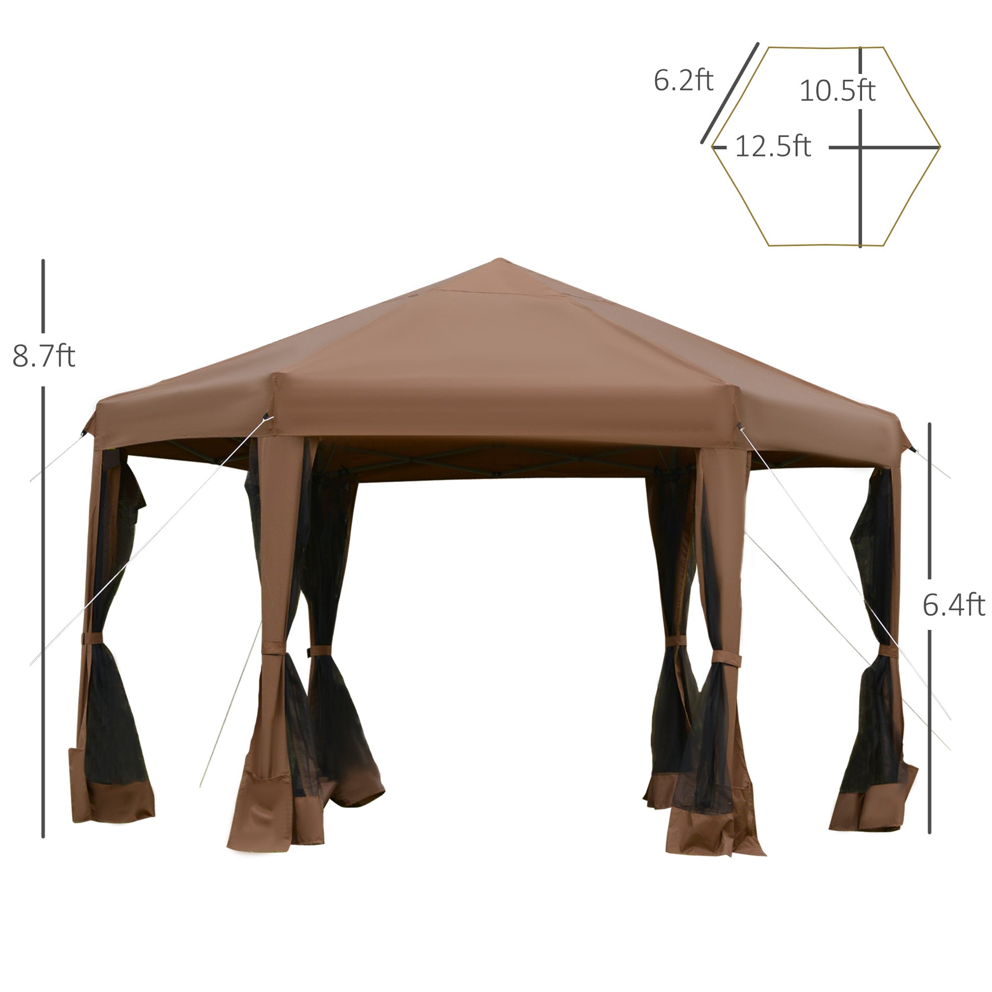 Outsunny 13' X 11' Hexagonal Pop Up Gazebo, Heavy Duty Outdoor Canopy Tent With 6 Mesh Sidewall Netting, 3 Level Adjustable Height And Strong Steel Frame, Brown Dark Brown Steel