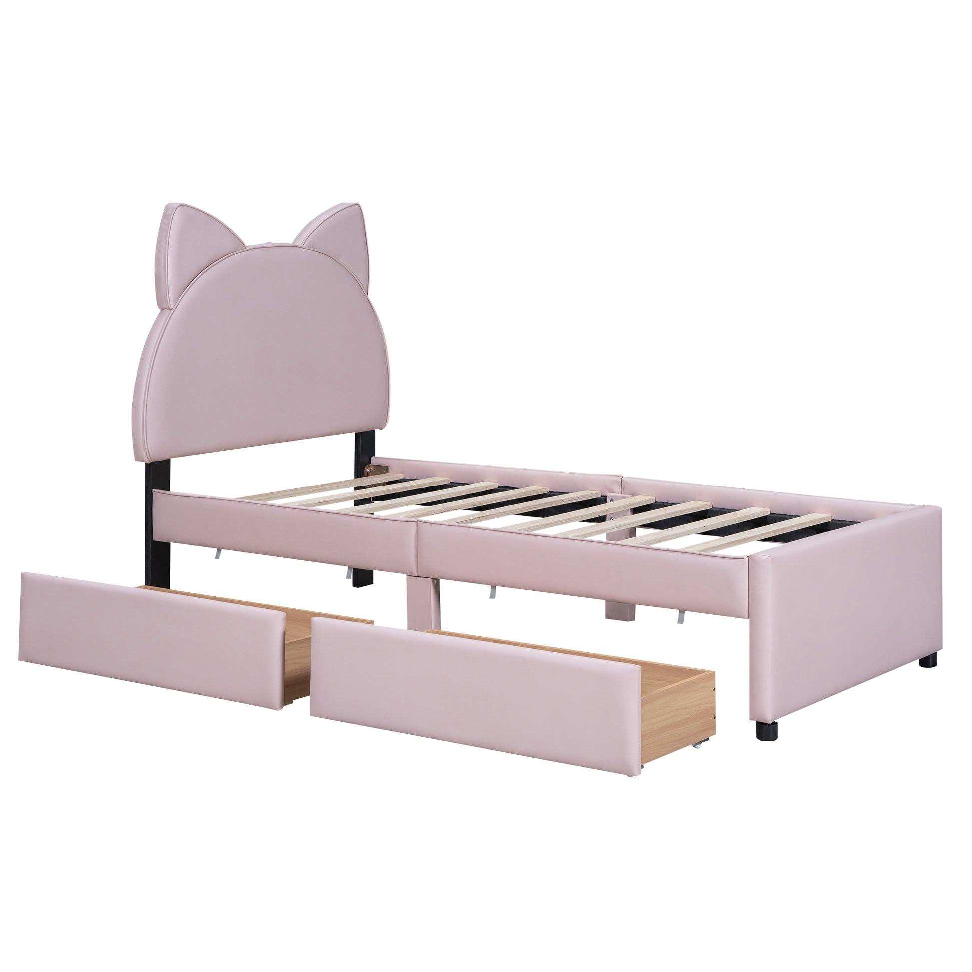 Twin Size Upholstered Platform Bed With Cartoon Ears Shaped Headboard And 2 Drawers, Pink Box Spring Not Required Twin Pink Wood Bedroom Bed Frame Faux Leather Upholstered