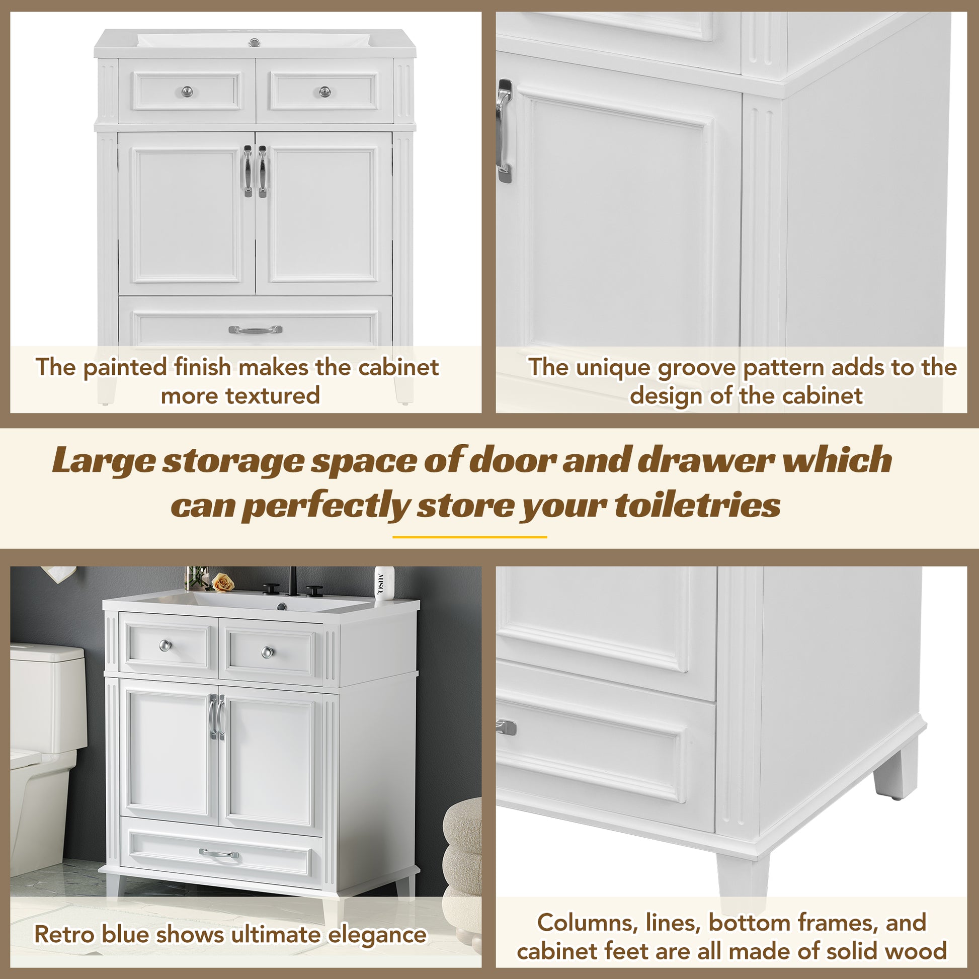 30'' Bathroom Vanity With Resin Sink, Solid Wood Frame Bathroom Storage Cabinet With Soft Closing Doors, Retro Style, White Same As Sw000118Aak White Bathroom Modern Solid Wood Mdf Resin