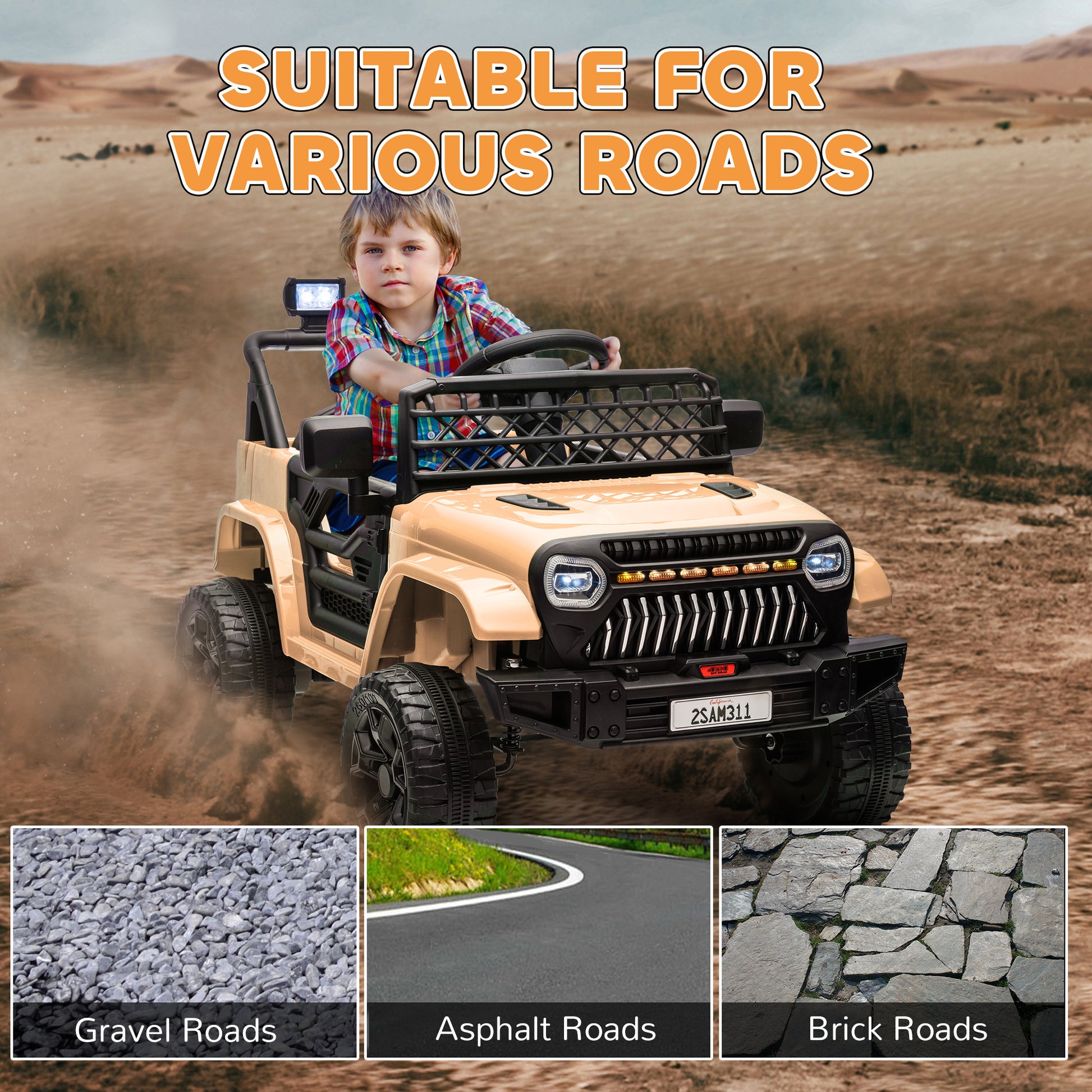 Qaba 12V Ride On Truck, Battery Powered Kids Electric Car Utv With 4 Suspension Wheels, Remote Control, 3 Speeds, Led Headlights, Horn, Usb Music, Khaki Khaki Plastic