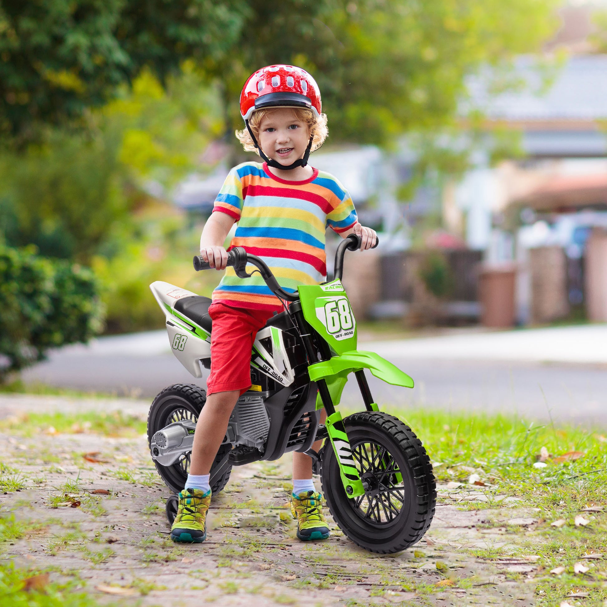 Qaba Kids Dirt Bike With Twist Grip Throttle, 12V Electric Motorcycle, Electric Bike For Toddler With Training Wheels, Rear Suspension & Music For Ages 3 6 Years, Green Green Plastic