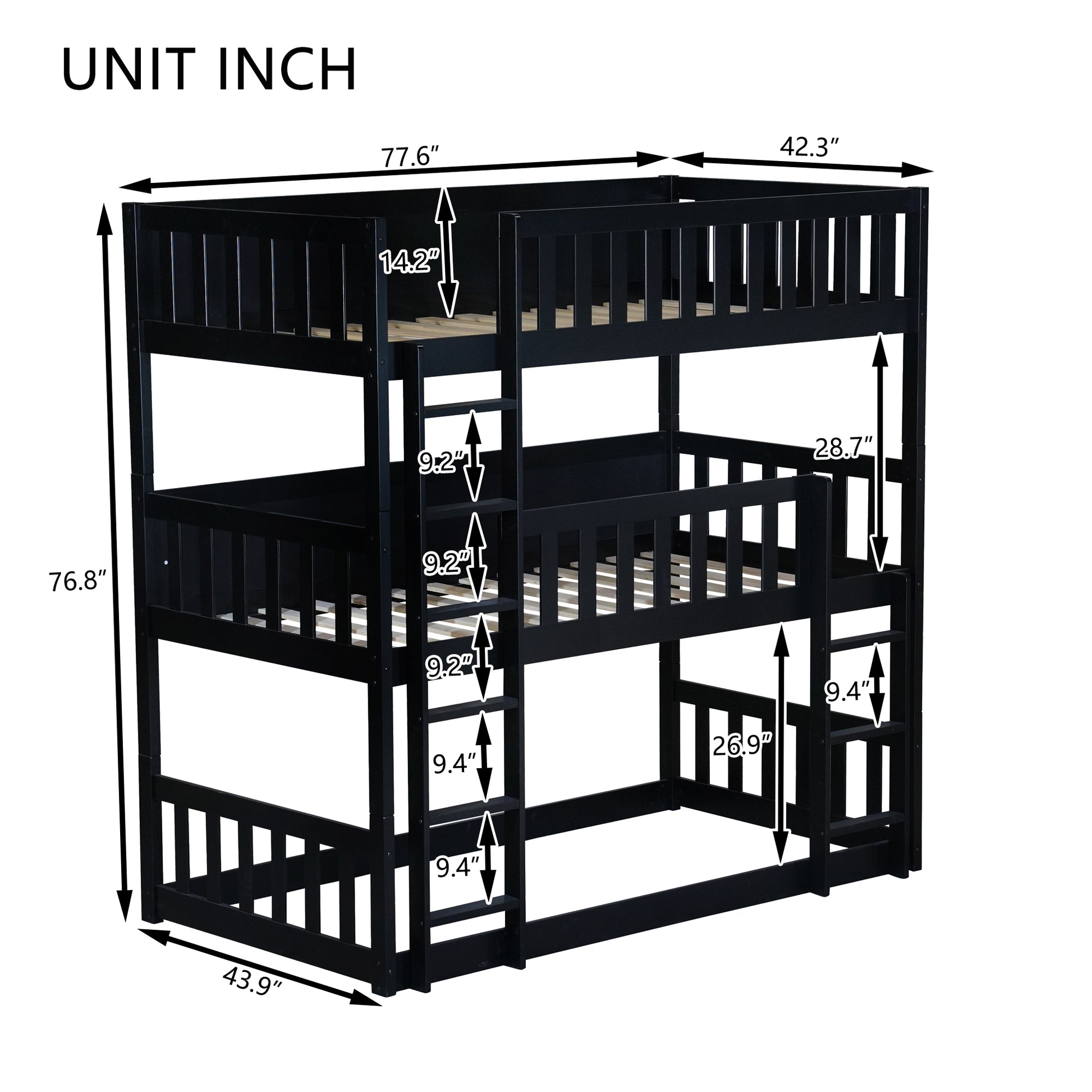 Twin Size Triple Rubber Wood Bunk Bed, With Ladders, Guardrails Detachable Bunk Bed, Twin Over Twin Over Twin,Black Twin Black Bedroom American Design Bed Frame Rubber Wood