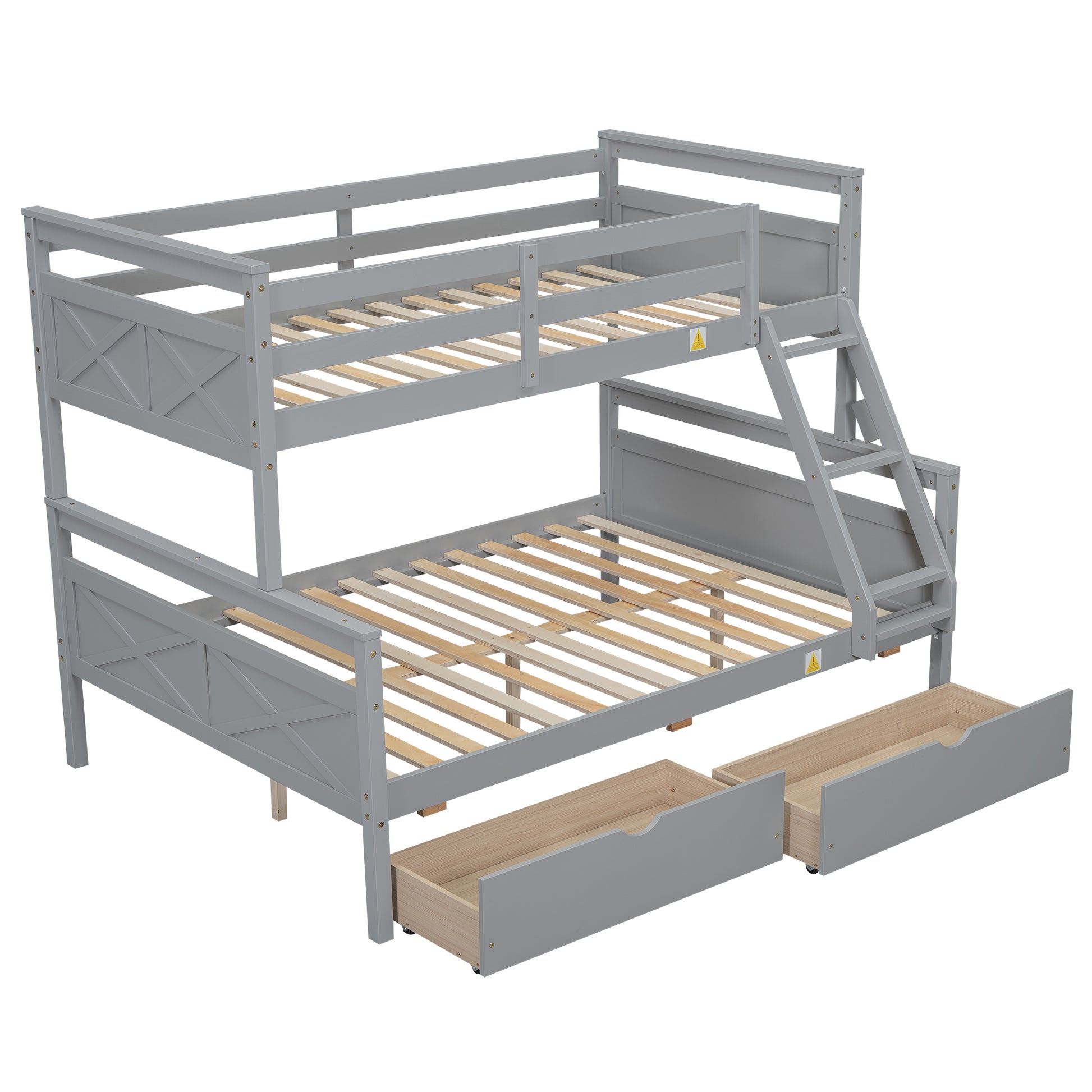 Twin Over Full Bunk Bed With Ladder, Two Storage Drawers, Safety Guardrail, Gray Box Spring Not Required Twin Gray Wood Bedroom Bunk Pine