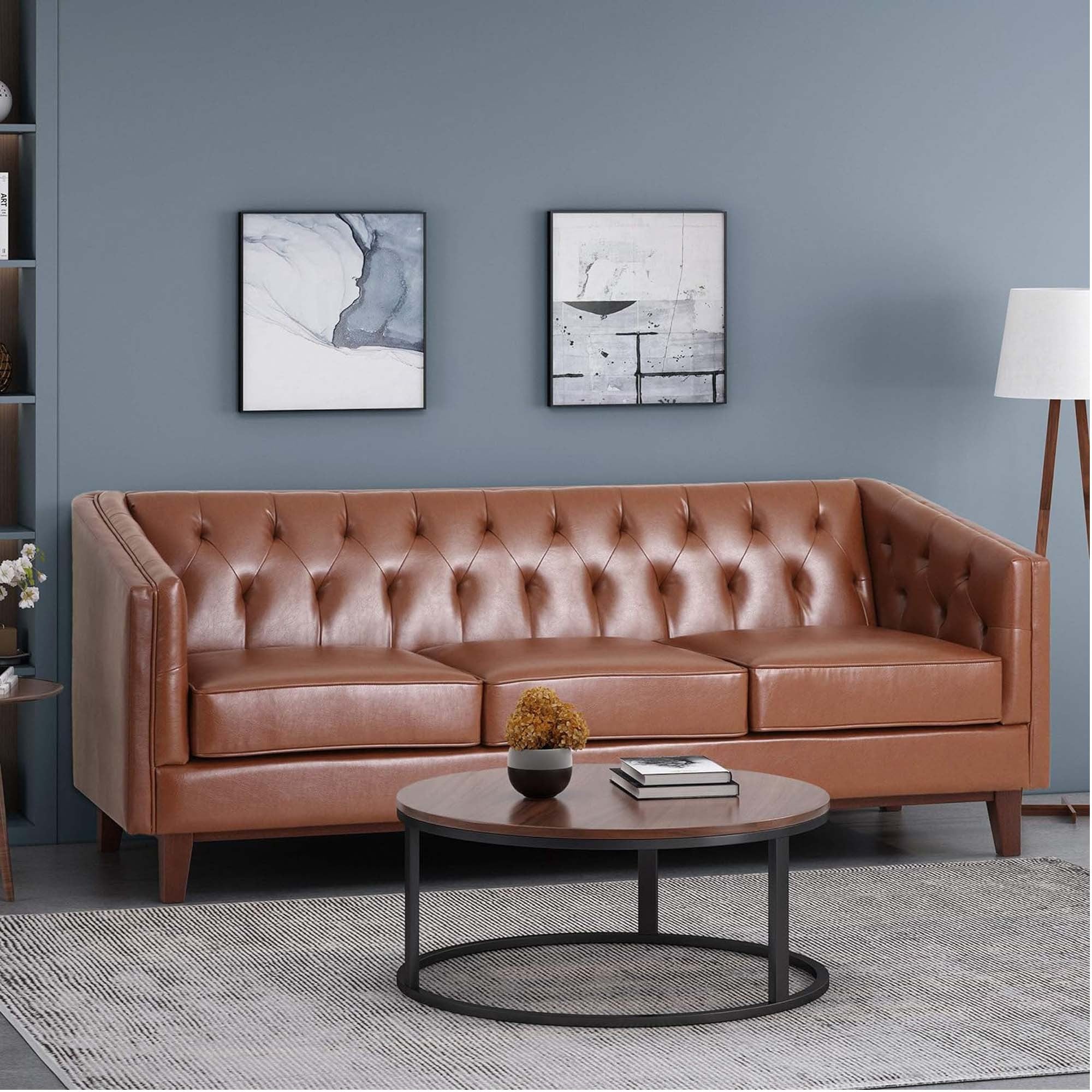 Mirod 81'' Pu Sofa,Tufted Back,Solid Wood Legs,Living Room And Study Light Brown Pu 3 Seat